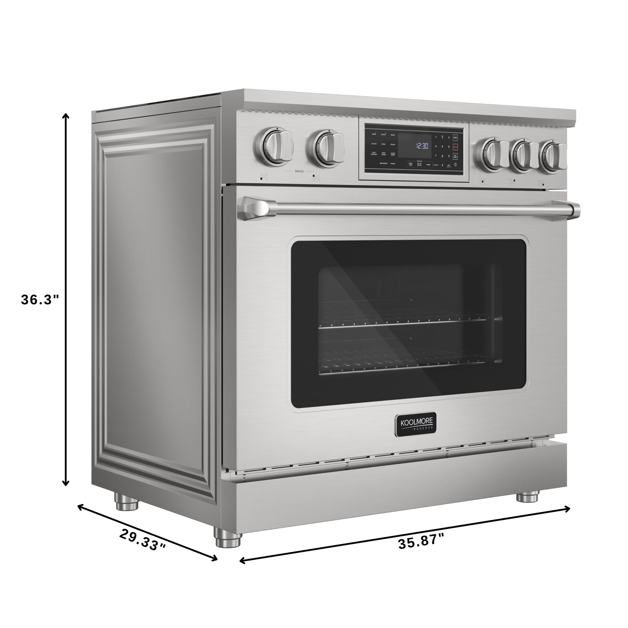 KoolMore Reserve 36 in. Electric Induction Range Oven with Ceramic Glass Cooktop, True Convection, 240V, 6.0 Cu. Ft., Air Fry, Sync Burners, CSA Certified in Stainless Steel