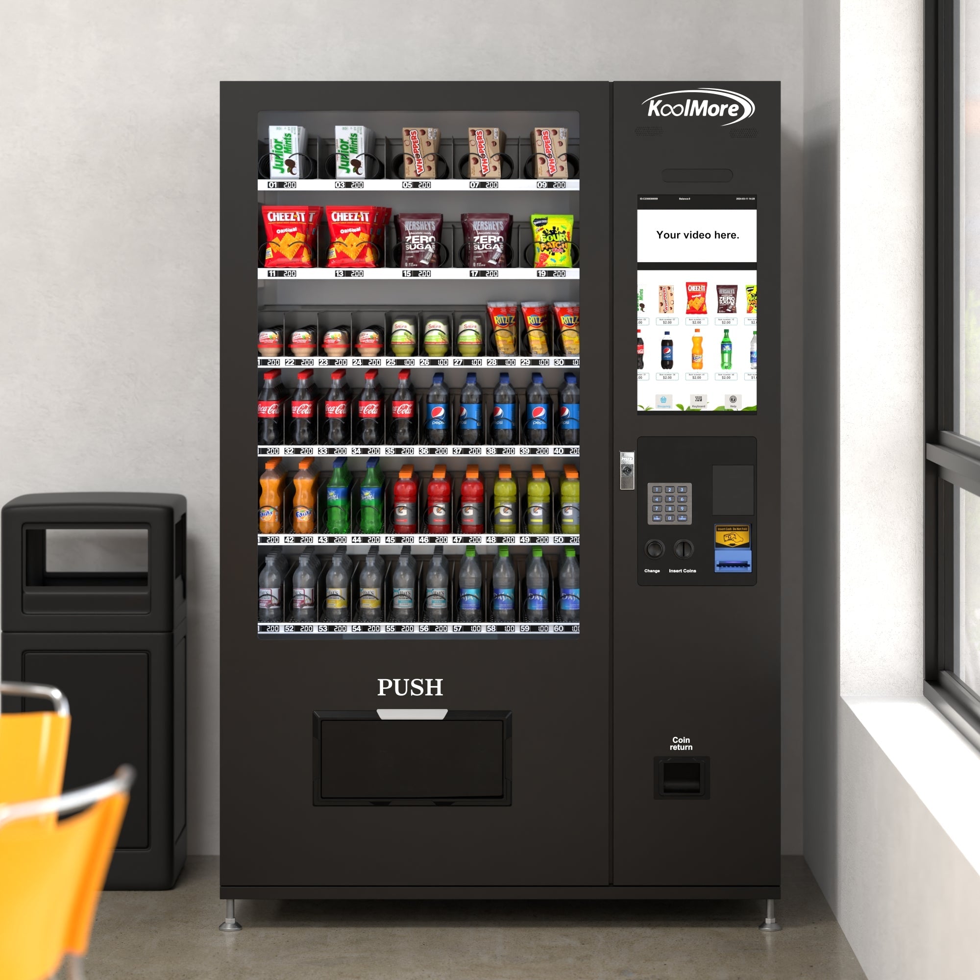 Refrigerated Snack and Drink Vending Machine with 60 Slots and 22 Inch Touch Screen with CC Reader and Coin/Bill Acceptor in Black