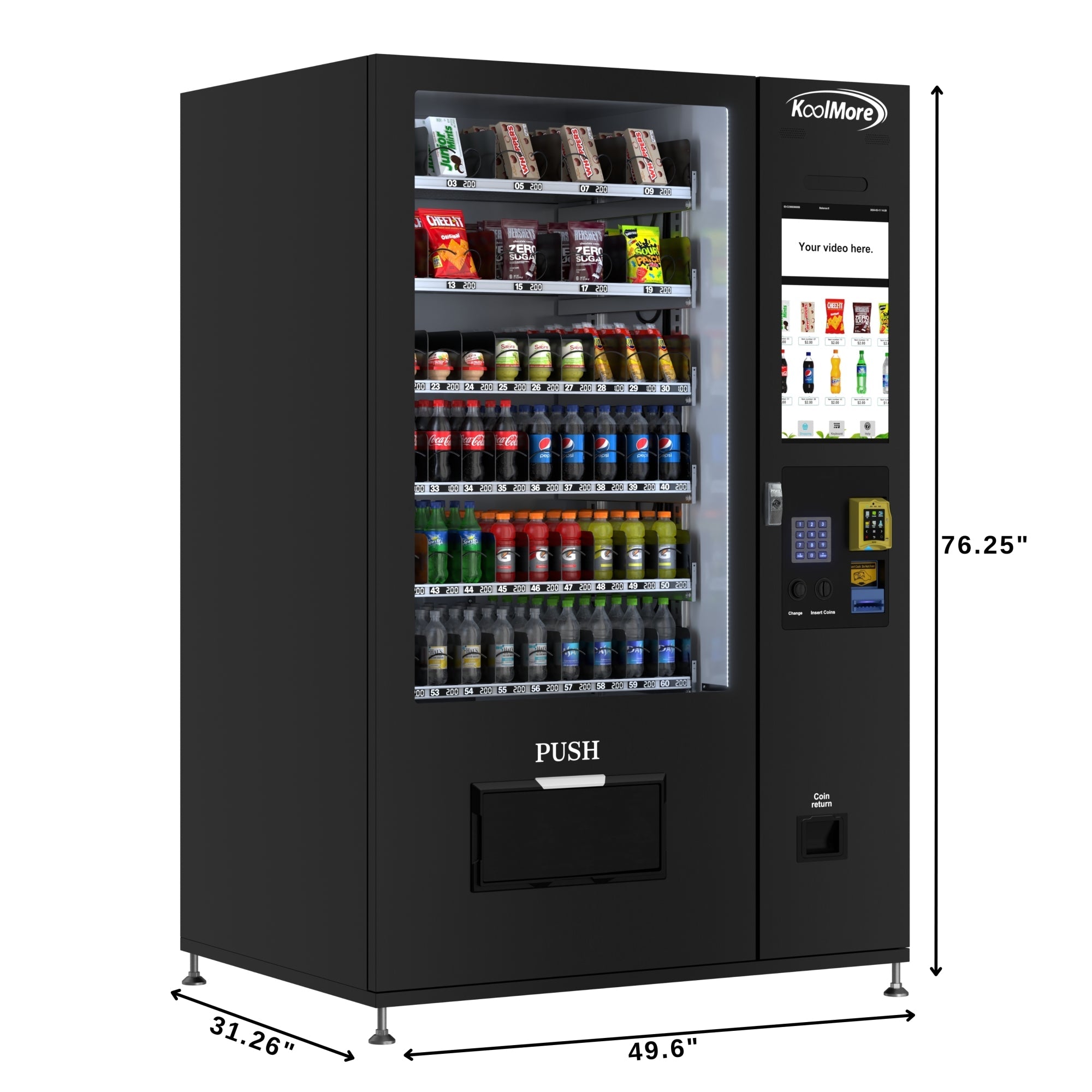 Refrigerated Snack and Drink Vending Machine with 60 Slots and 22 Inch Touch Screen with CC Reader and Coin/Bill Acceptor in Black