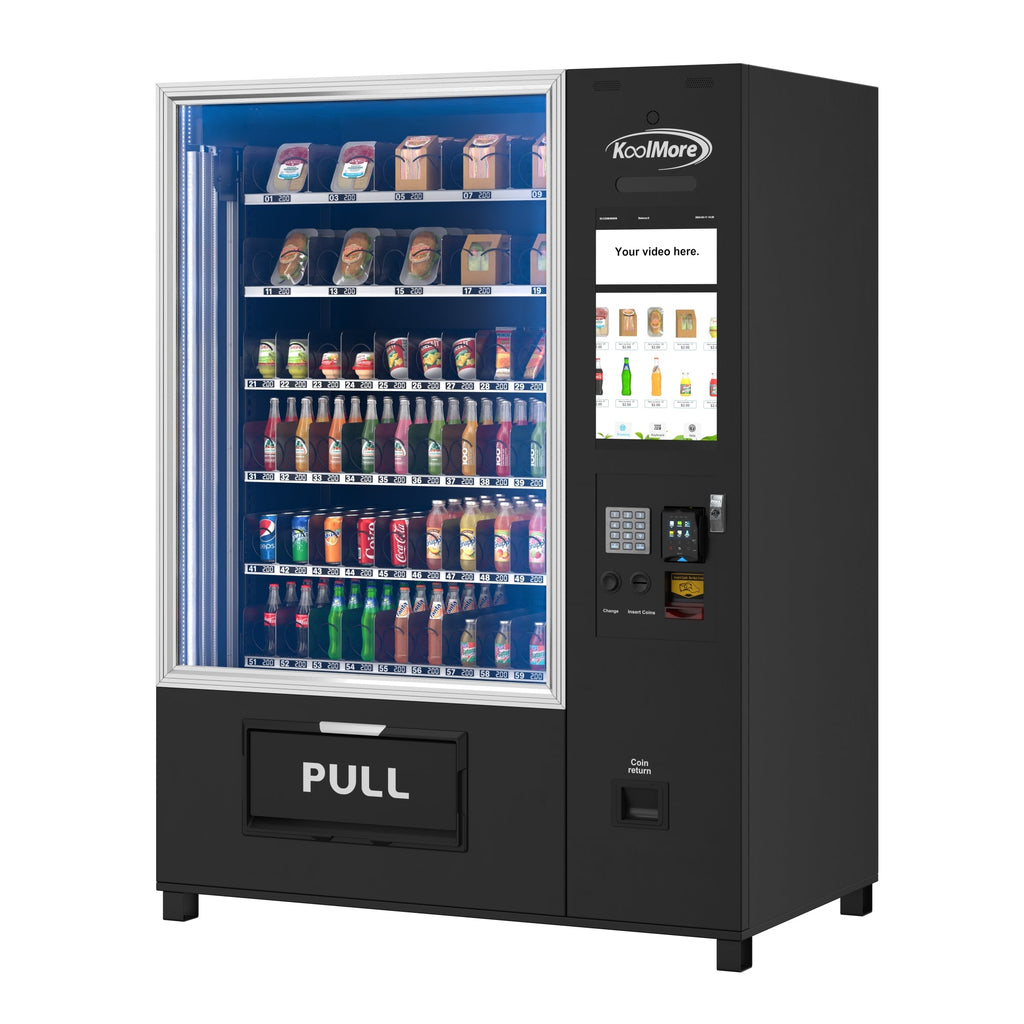 Snack Vending Machine with 21.5 Inch Touch Display, 66 Slots and Elevator-Lift Dispensing System, Refrigerated, Bill Acceptor and Credit Card Reader, Wifi and 4G Connectivity in Black - Wrap