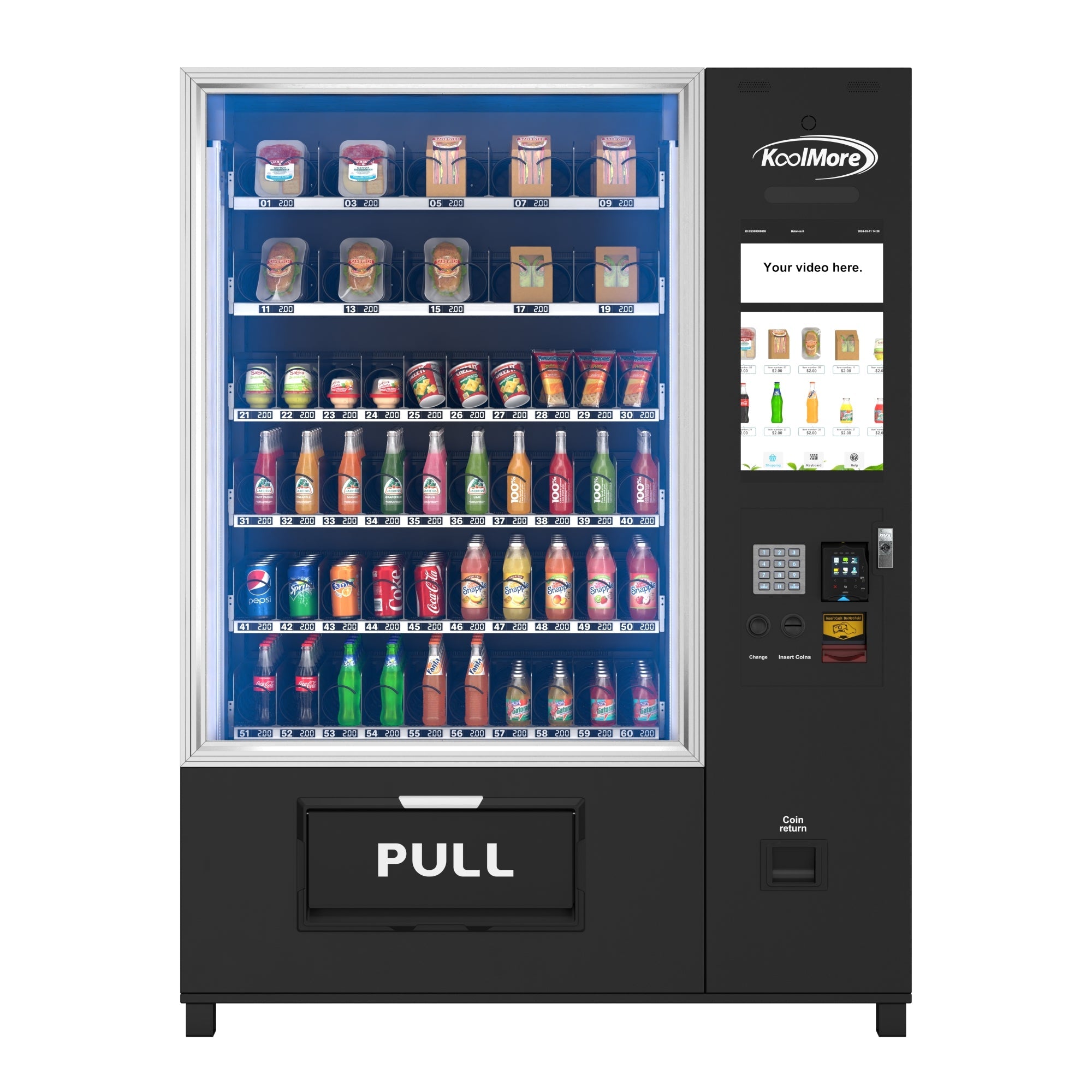 Snack Vending Machine with 21.5 Inch Touch Display, 66 Slots and Elevator-Lift Dispensing System, Refrigerated, Bill Acceptor and Credit Card Reader, Wifi and 4G Connectivity in Black - Wrap