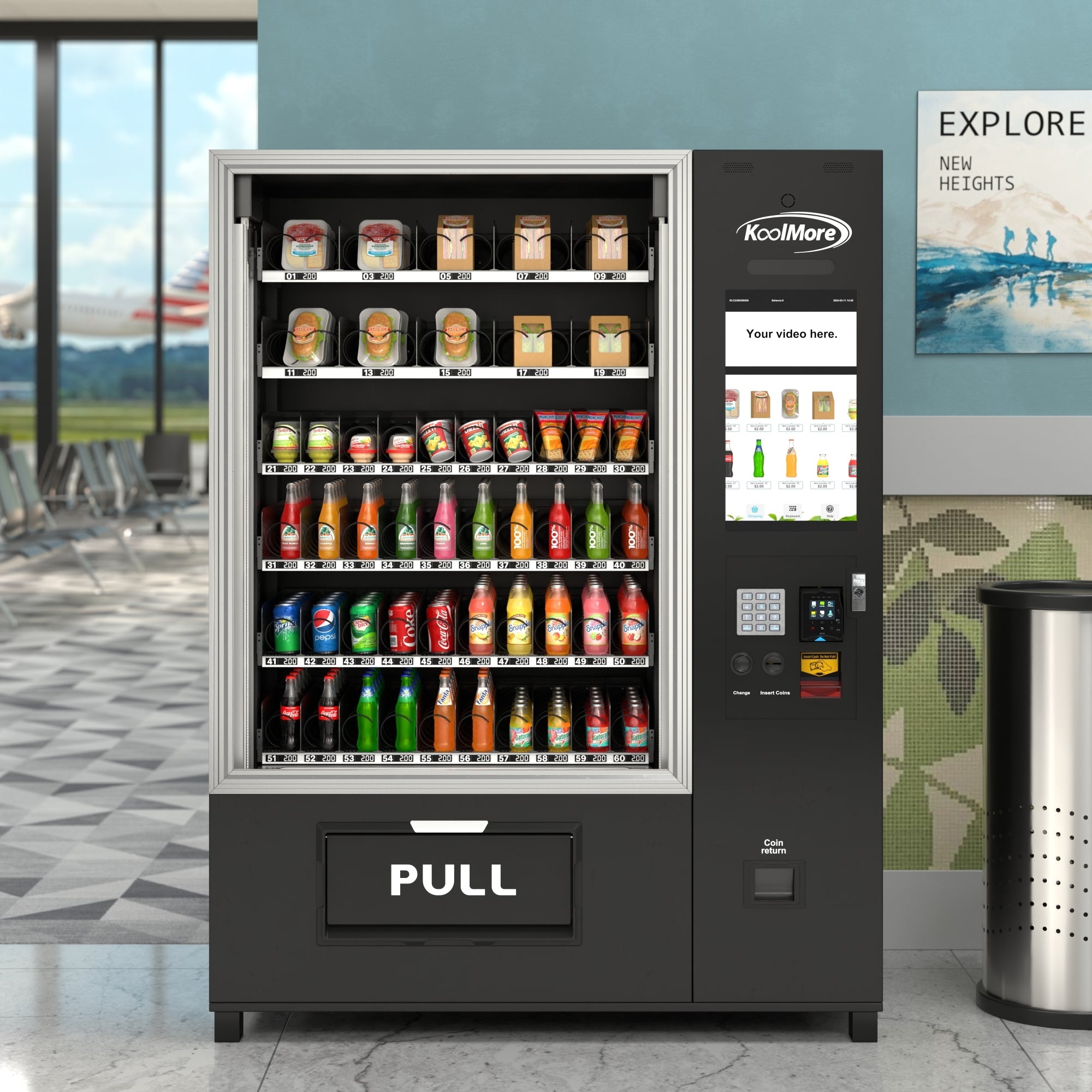 Snack Vending Machine with 21.5 Inch Touch Display, 66 Slots and Elevator-Lift Dispensing System, Refrigerated, Bill Acceptor and Credit Card Reader, Wifi and 4G Connectivity in Black