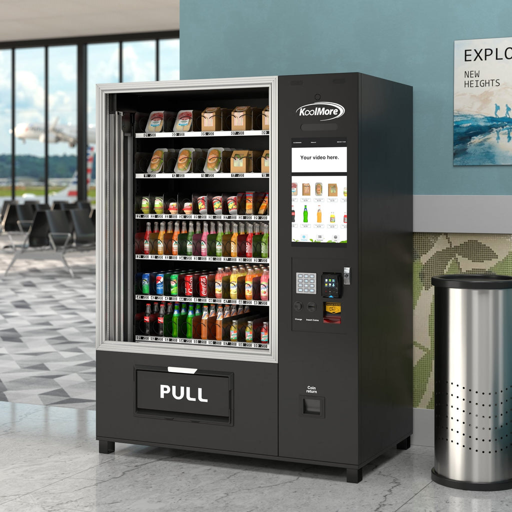 Snack Vending Machine with 21.5 Inch Touch Display, 66 Slots and Elevator-Lift Dispensing System, Refrigerated, Bill Acceptor and Credit Card Reader, Wifi and 4G Connectivity in Black