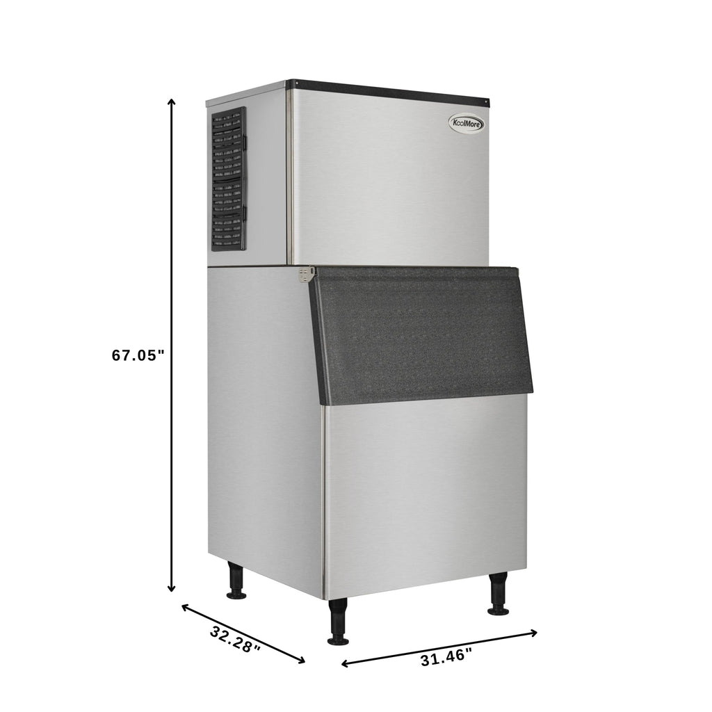 Commercial Ice Machine 500 lb/24hr, Air-Cooled, 375 lb Storage Bin, Freestanding, ETL Listed in Stainless-Steel and Black