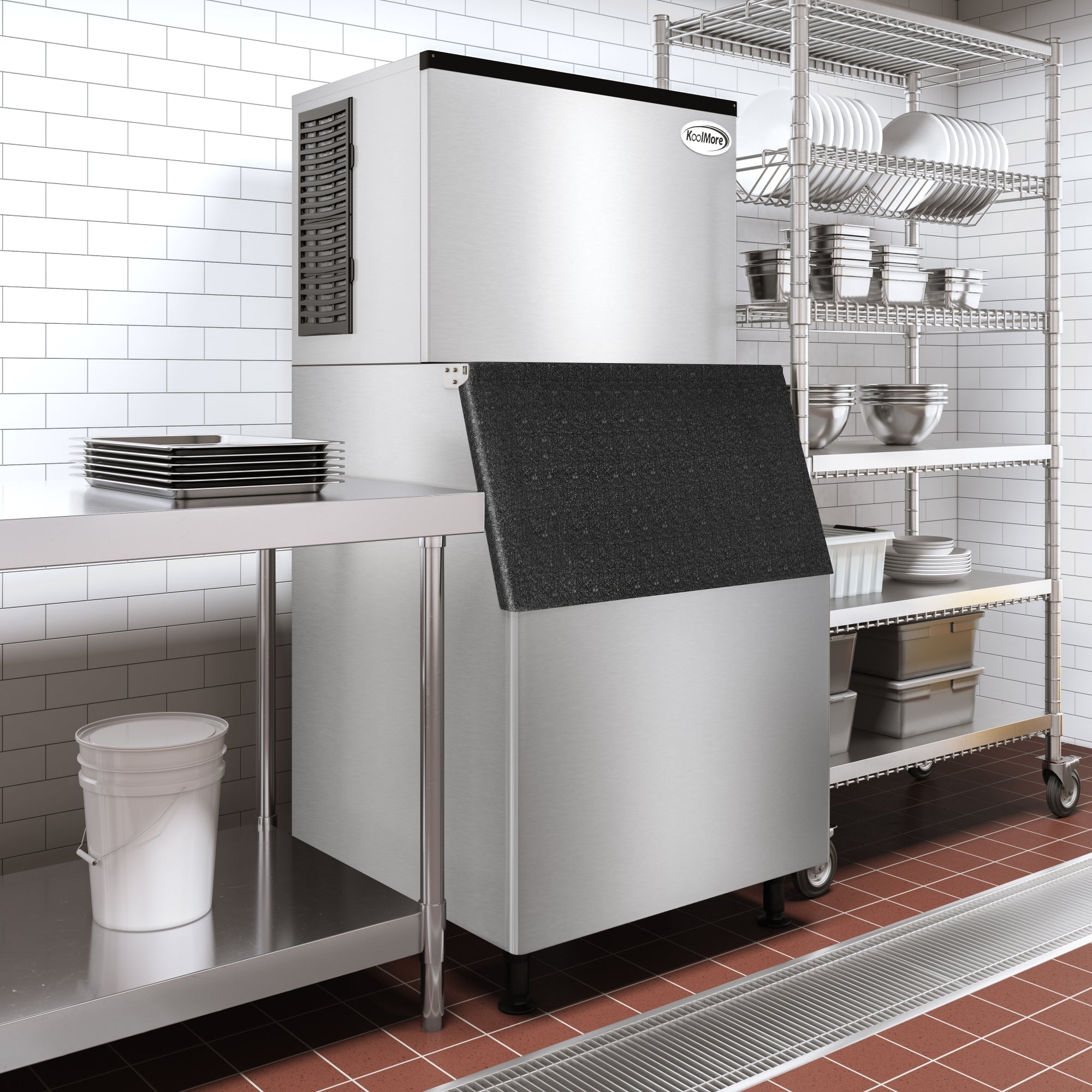 Commercial Ice Machine 500 lb/24hr, Air-Cooled, 375 lb Storage Bin, Freestanding, ETL Listed in Stainless-Steel and Black