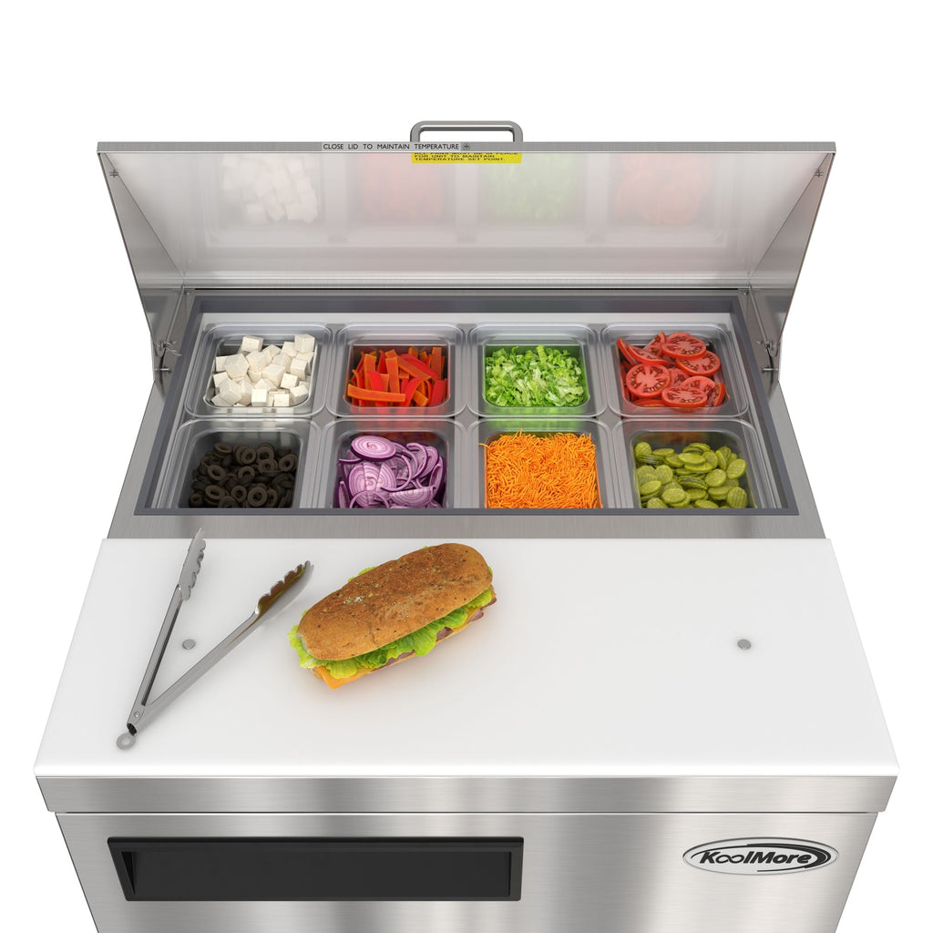 27 in. Commercial 1-Door Refrigerated Salad and Sandwich Prep Table, 8 Pan Capacity and 8 Cu. Ft. of Storage in Stainless-Steel