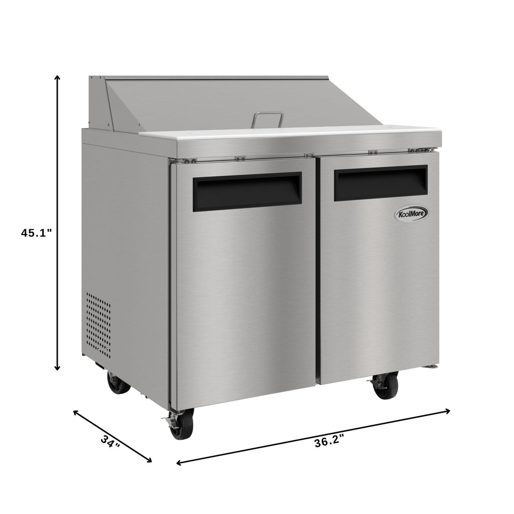 36 in. Commercial 2-Door Refrigerated Salad and Sandwich Prep Table, 10 Pan Capacity and 11 Cu. Ft. of Storage in Stainless-Steel