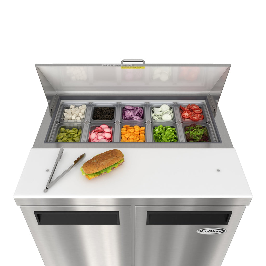 36 in. Commercial 2-Door Refrigerated Salad and Sandwich Prep Table, 10 Pan Capacity and 11 Cu. Ft. of Storage in Stainless-Steel