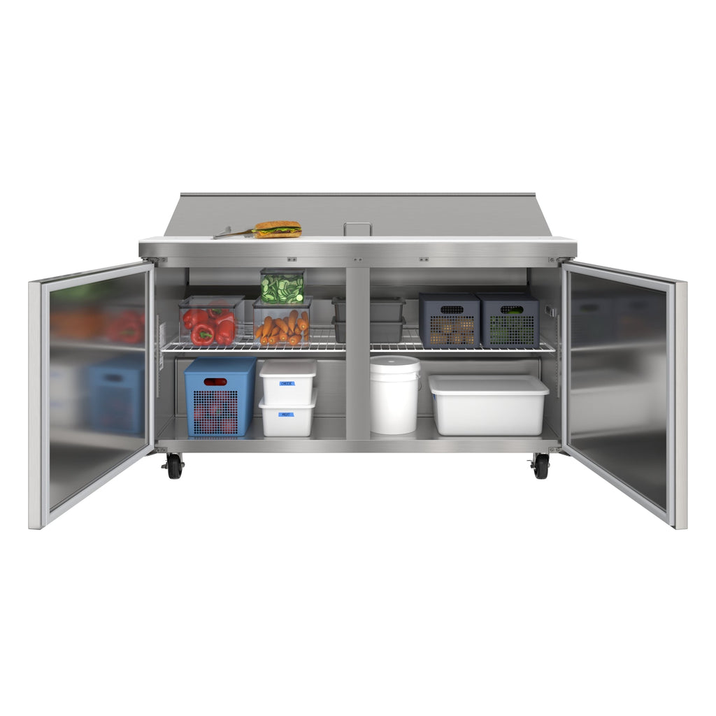60 in. Commercial 2-Door Refrigerated Salad and Sandwich Prep Table, 16 Pan Capacity and 18.4 Cu. Ft. of Storage in Stainless-Steel