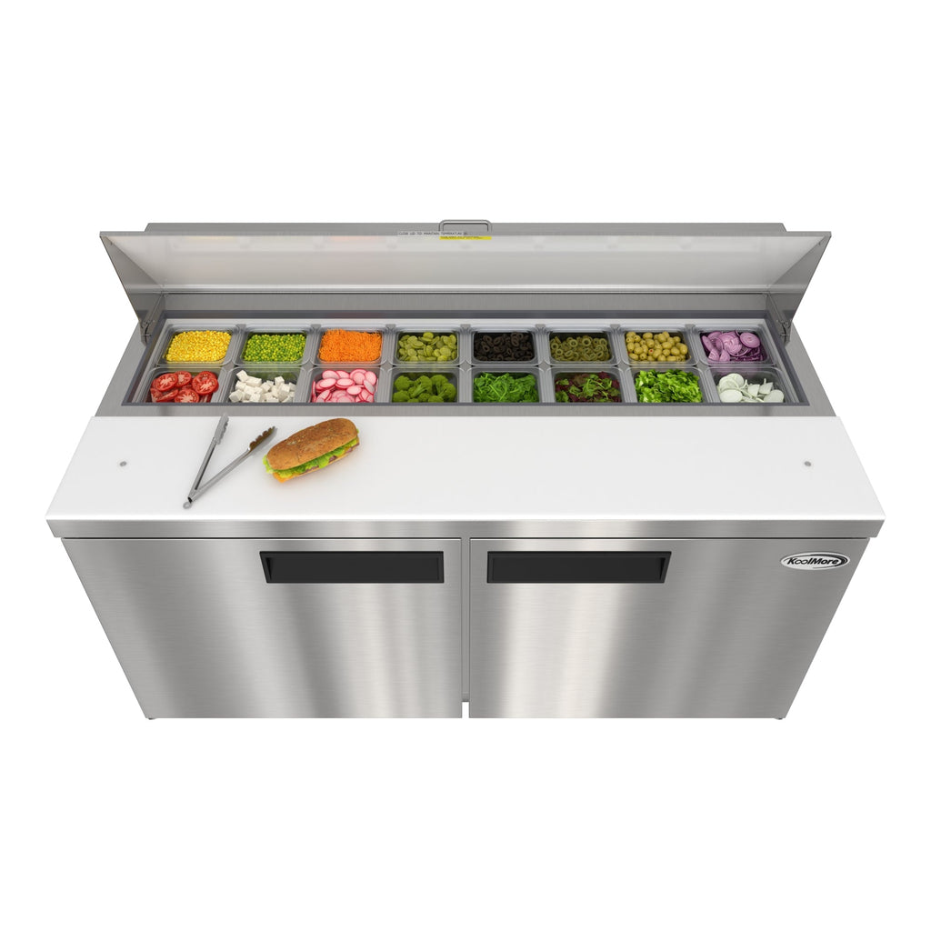 60 in. Commercial 2-Door Refrigerated Salad and Sandwich Prep Table, 16 Pan Capacity and 18.4 Cu. Ft. of Storage in Stainless-Steel