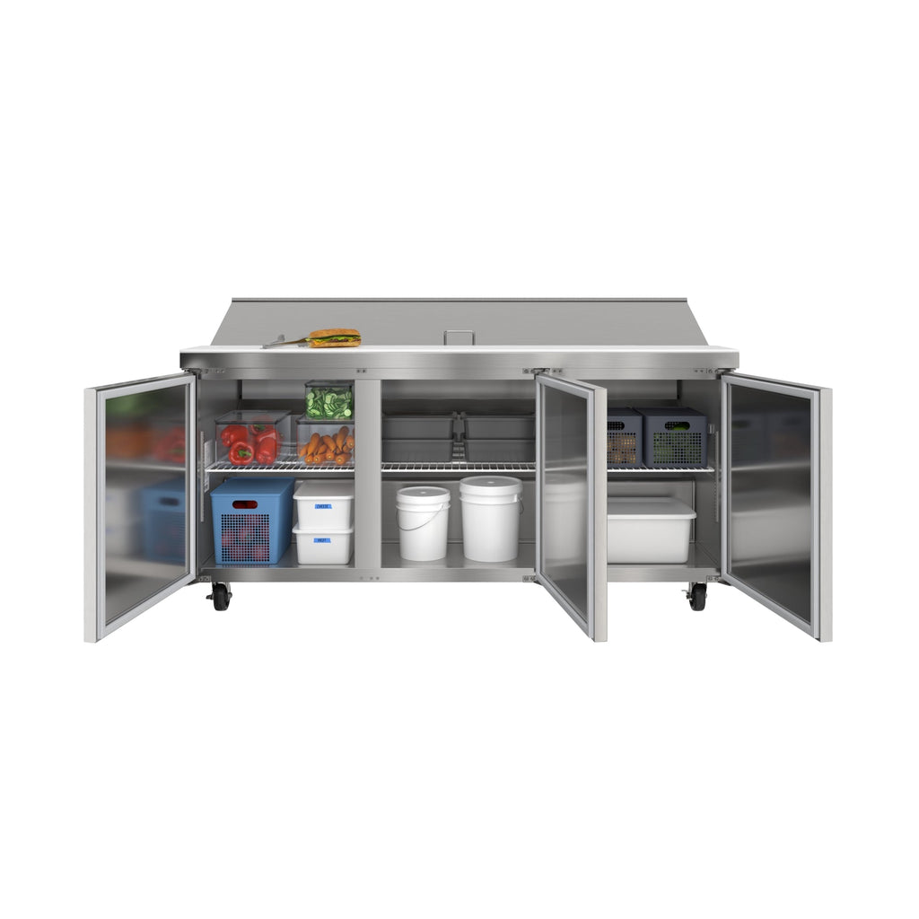 70 in. Commercial 3-Door Refrigerated Salad and Sandwich Prep Table, 18 Pan Capacity and 22 Cu. Ft. of Storage in Stainless-Steel