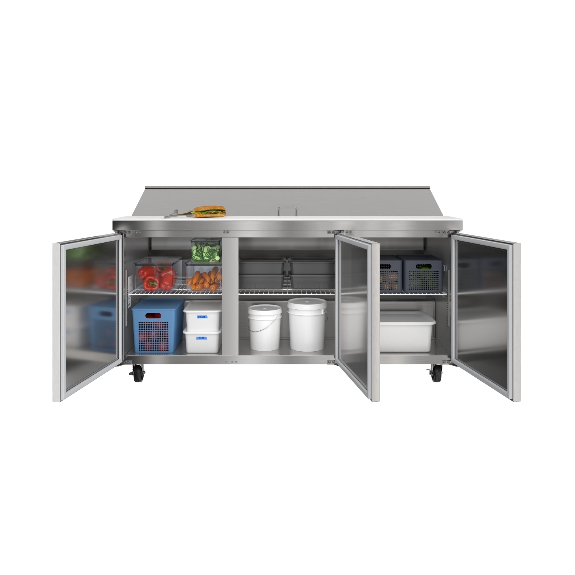 70 in. Commercial 3-Door Refrigerated Salad and Sandwich Prep Table, 18 Pan Capacity and 22 Cu. Ft. of Storage in Stainless-Steel