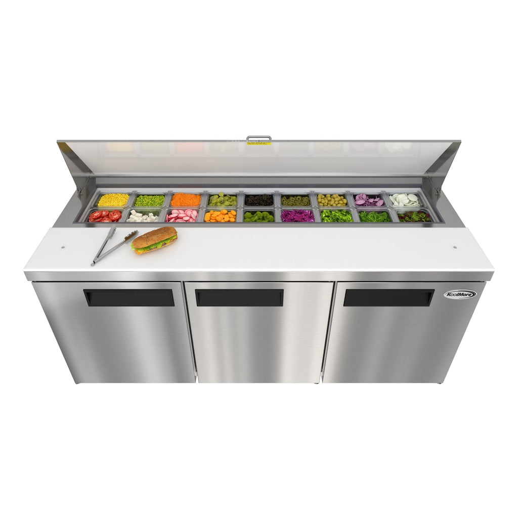 70 in. Commercial 3-Door Refrigerated Salad and Sandwich Prep Table, 18 Pan Capacity and 22 Cu. Ft. of Storage in Stainless-Steel