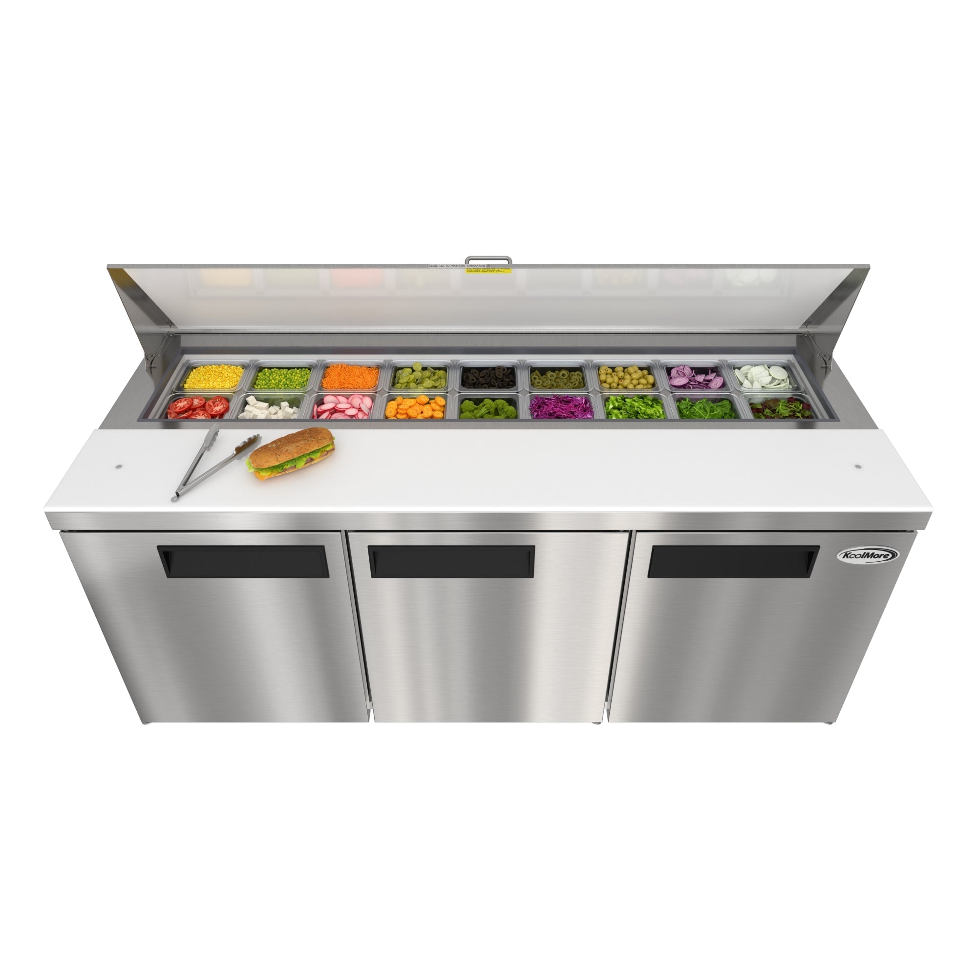 70 in. Commercial 3-Door Refrigerated Salad and Sandwich Prep Table, 18 Pan Capacity and 22 Cu. Ft. of Storage in Stainless-Steel