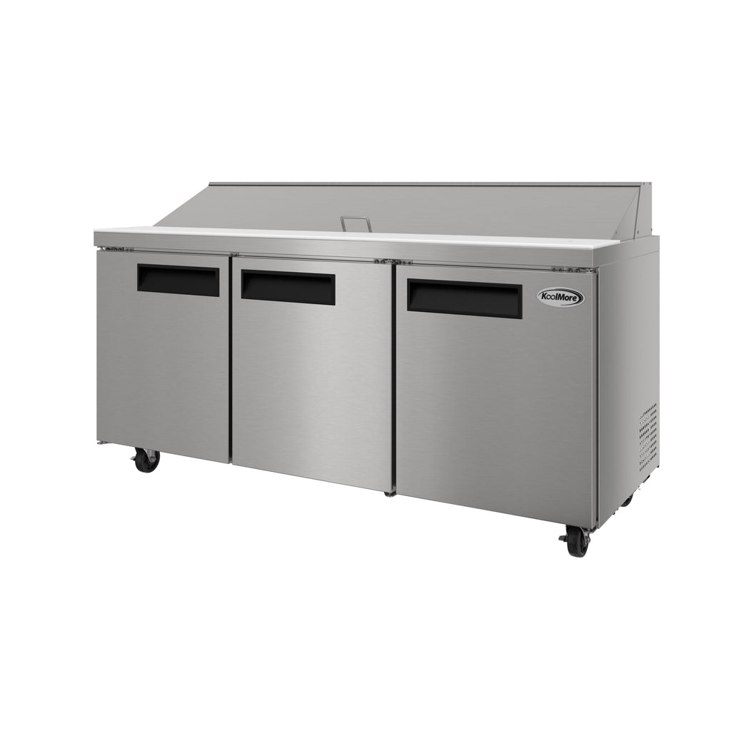 70 in. Commercial 3-Door Refrigerated Salad and Sandwich Prep Table, 18 Pan Capacity and 22 Cu. Ft. of Storage in Stainless-Steel