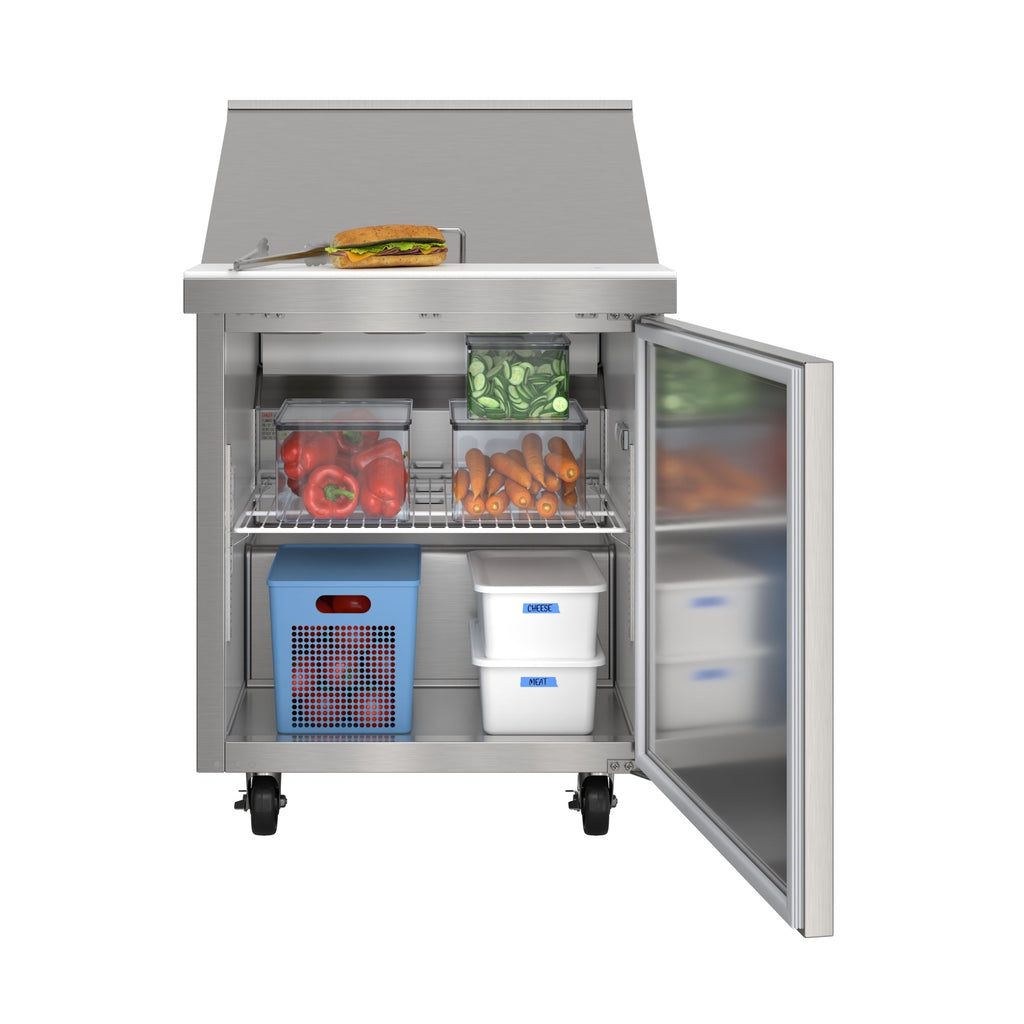 27 in. Commercial 1-Door Refrigerated Mega Salad and Sandwich Prep Table, 12 Pan Capacity and 8 Cu. Ft. of Storage in Stainless-Steel