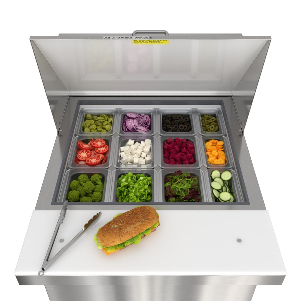 27 in. Commercial 1-Door Refrigerated Mega Salad and Sandwich Prep Table, 12 Pan Capacity and 8 Cu. Ft. of Storage in Stainless-Steel
