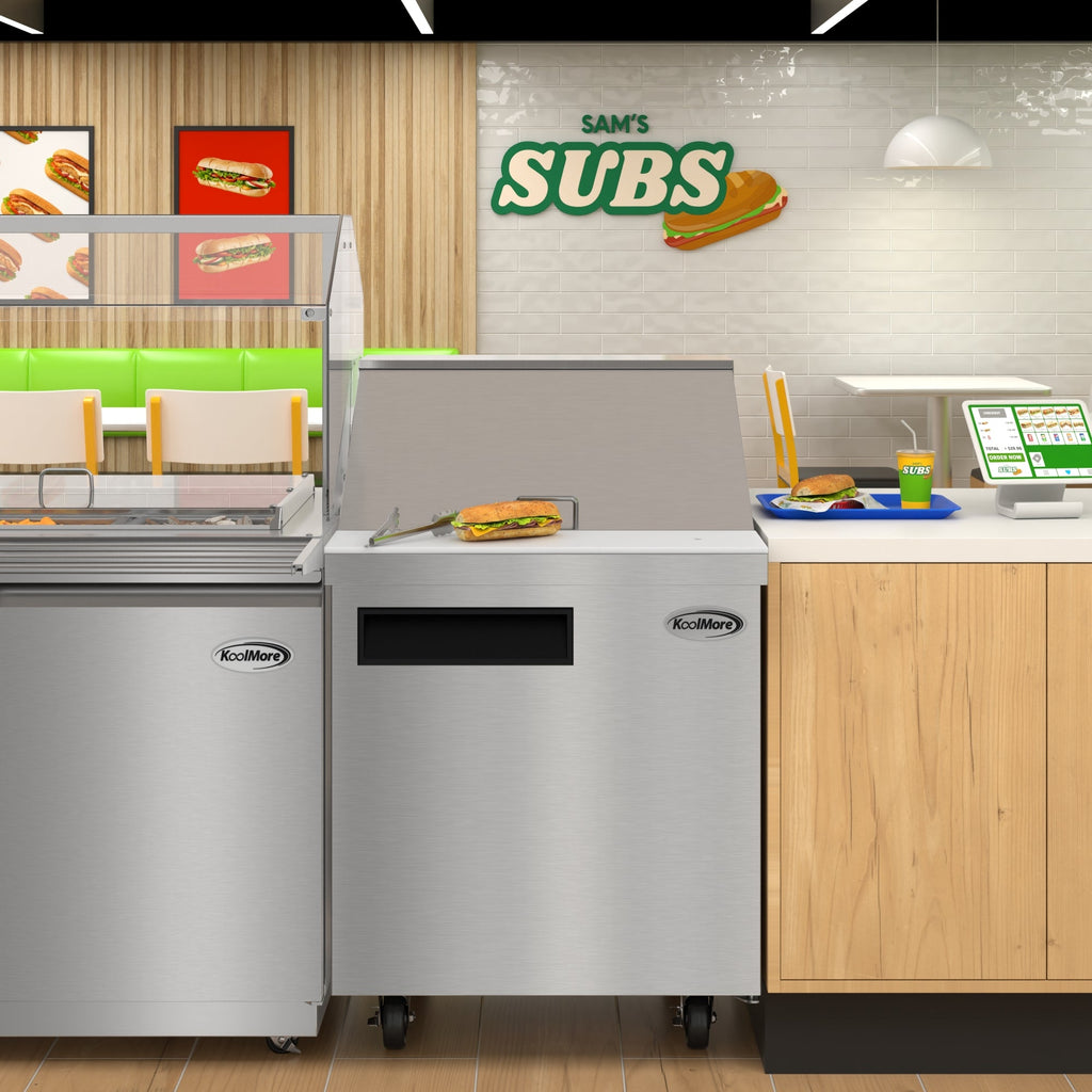 27 in. Commercial 1-Door Refrigerated Mega Salad and Sandwich Prep Table, 12 Pan Capacity and 8 Cu. Ft. of Storage in Stainless-Steel