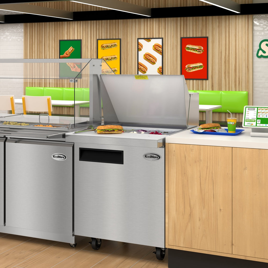 27 in. Commercial 1-Door Refrigerated Mega Salad and Sandwich Prep Table, 12 Pan Capacity and 8 Cu. Ft. of Storage in Stainless-Steel