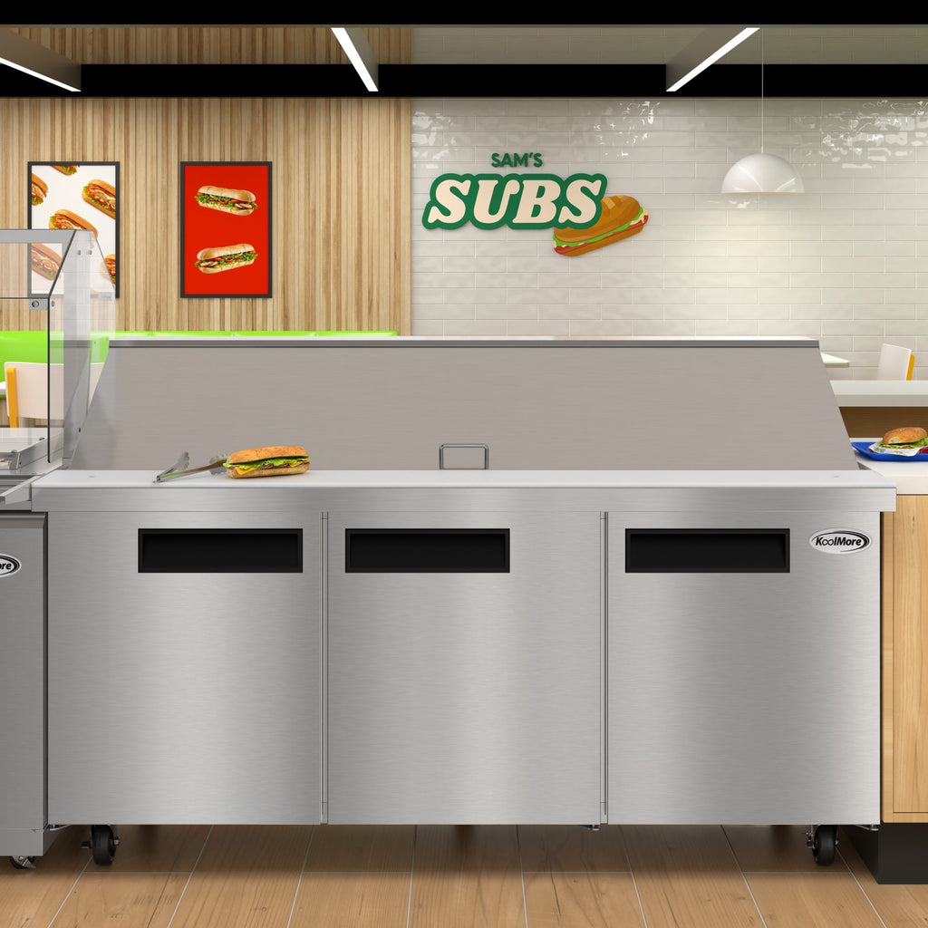 70 in. Commercial 3-Door Refrigerated Mega Salad and Sandwich Prep Table, 30 Pan Capacity and 22 Cu. Ft. of Storage in Stainless-Steel