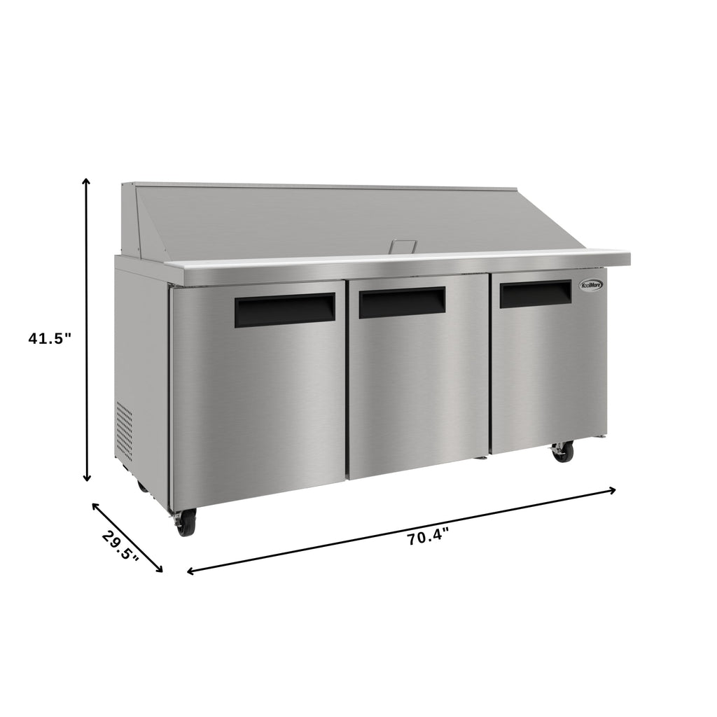70 in. Commercial 3-Door Refrigerated Mega Salad and Sandwich Prep Table, 30 Pan Capacity and 22 Cu. Ft. of Storage in Stainless-Steel