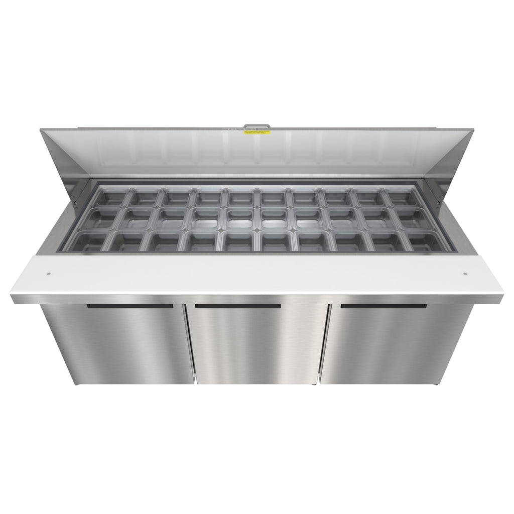 70 in. Commercial 3-Door Refrigerated Mega Salad and Sandwich Prep Table, 30 Pan Capacity and 22 Cu. Ft. of Storage in Stainless-Steel