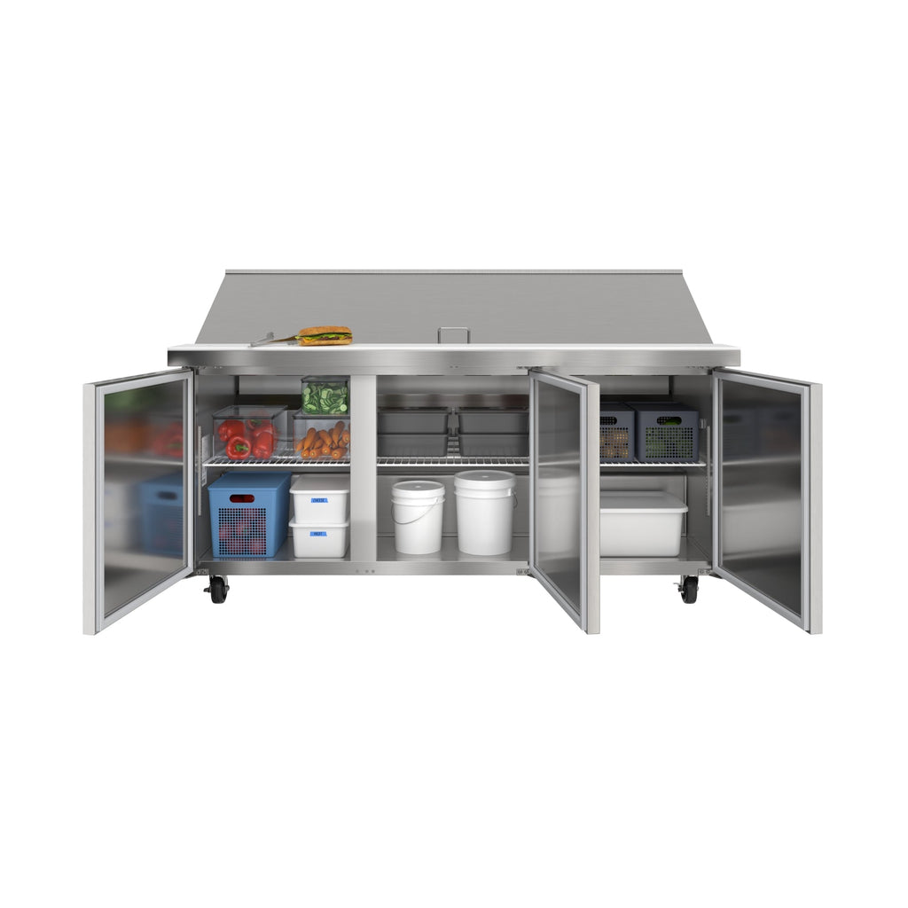 70 in. Commercial 3-Door Refrigerated Mega Salad and Sandwich Prep Table, 30 Pan Capacity and 22 Cu. Ft. of Storage in Stainless-Steel