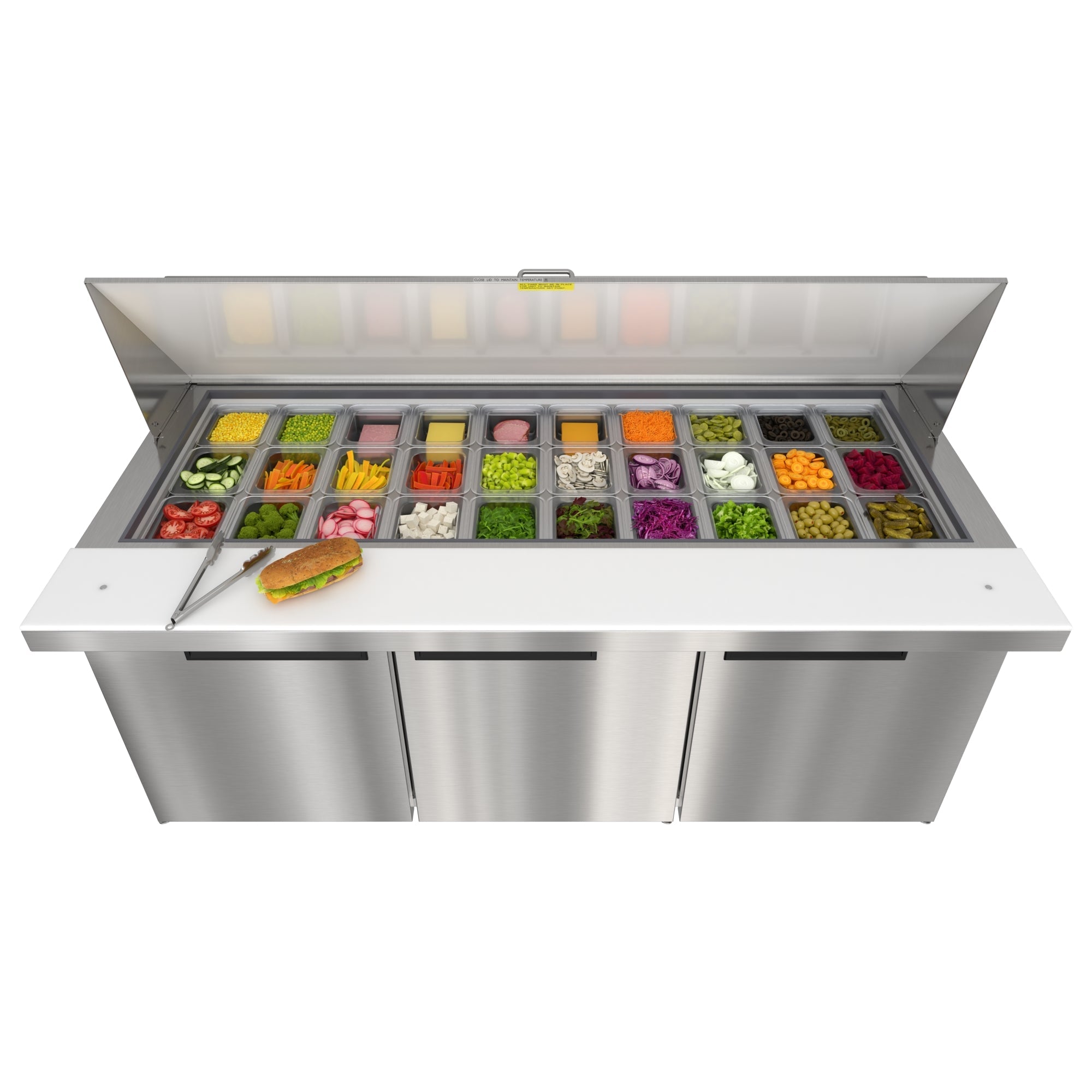 70 in. Commercial 3-Door Refrigerated Mega Salad and Sandwich Prep Table, 30 Pan Capacity and 22 Cu. Ft. of Storage in Stainless-Steel