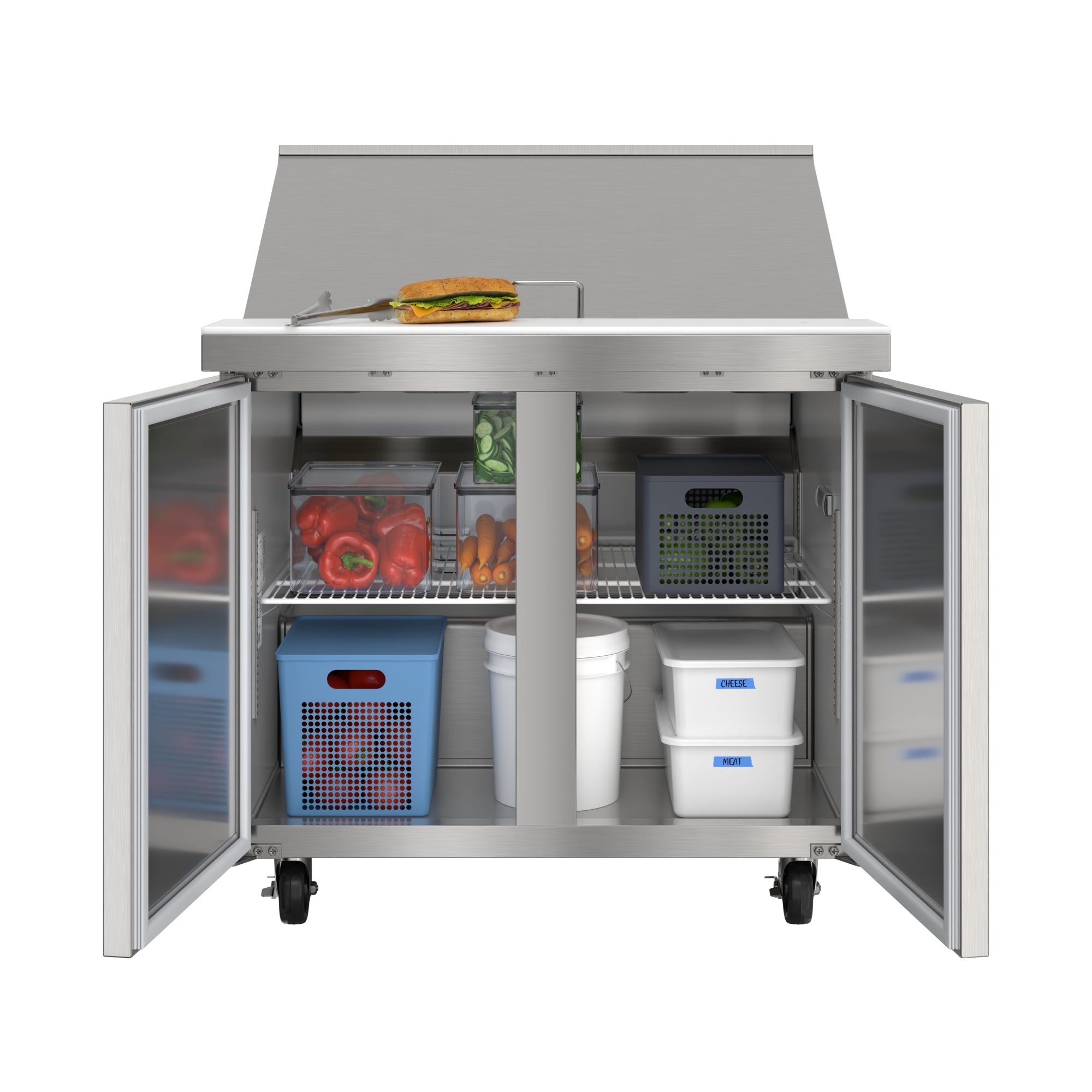 36 in. Commercial 2-Door Refrigerated Mega Salad and Sandwich Prep Table, 15 Pan Capacity and 11 Cu. Ft. of Storage in Stainless-Steel