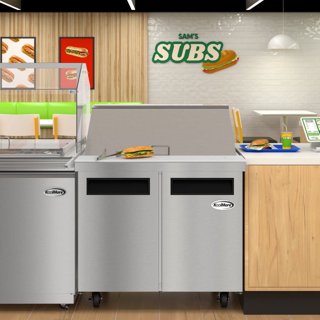 36 in. Commercial 2-Door Refrigerated Mega Salad and Sandwich Prep Table, 15 Pan Capacity and 11 Cu. Ft. of Storage in Stainless-Steel