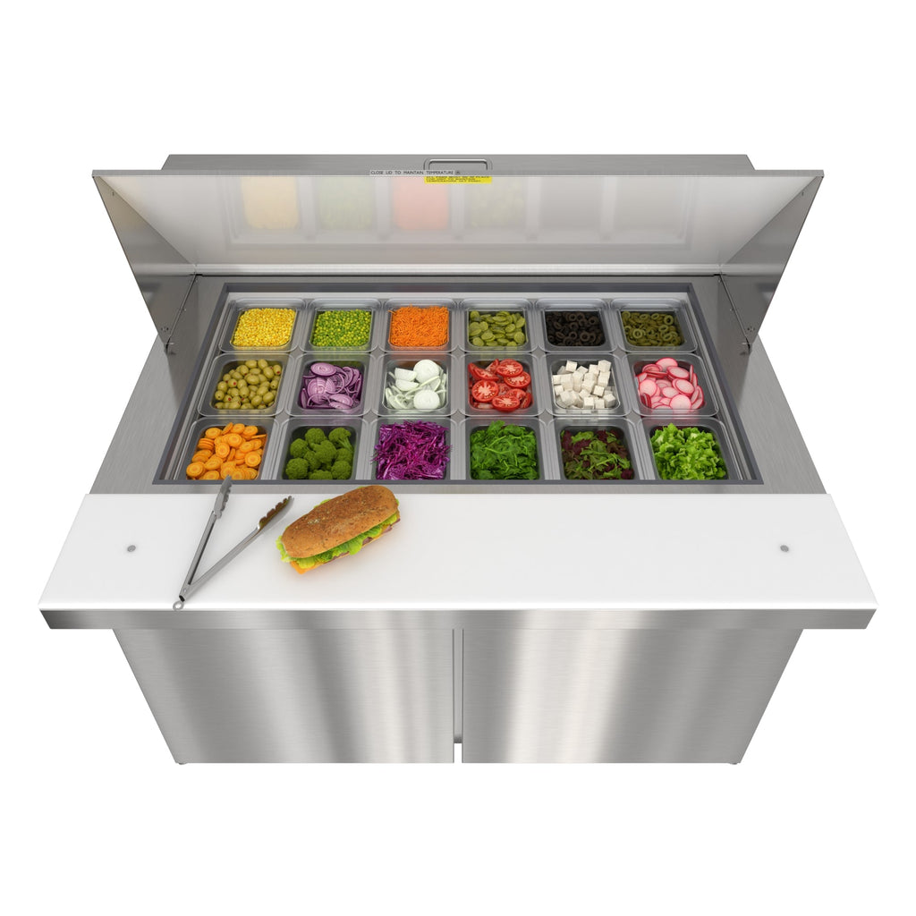 46 in. Commercial 2-Door Refrigerated Mega Salad and Sandwich Prep Table, 18 Pan Capacity and 14 Cu. Ft. of Storage in Stainless-Steel