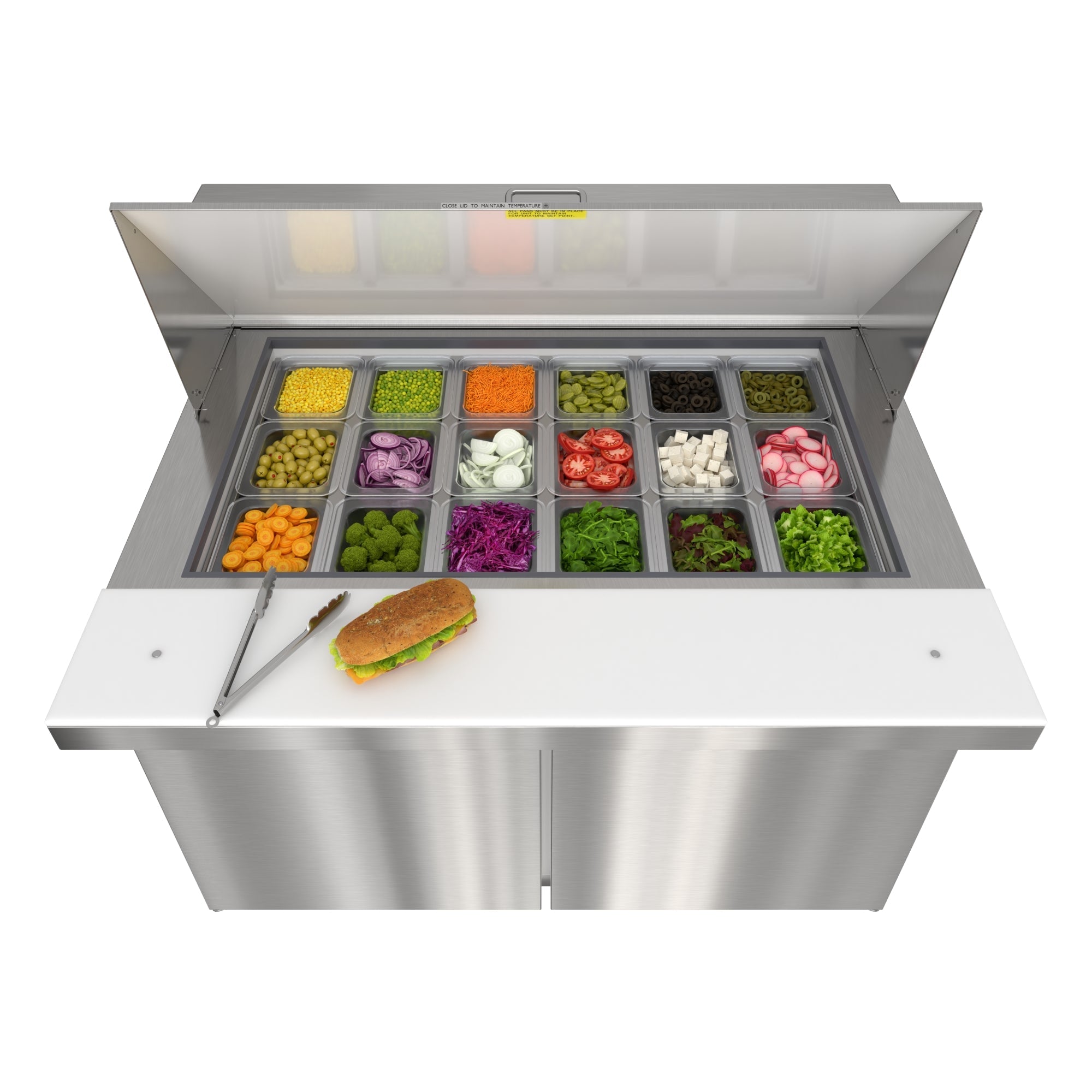 46 in. Commercial 2-Door Refrigerated Mega Salad and Sandwich Prep Table, 18 Pan Capacity and 14 Cu. Ft. of Storage in Stainless-Steel
