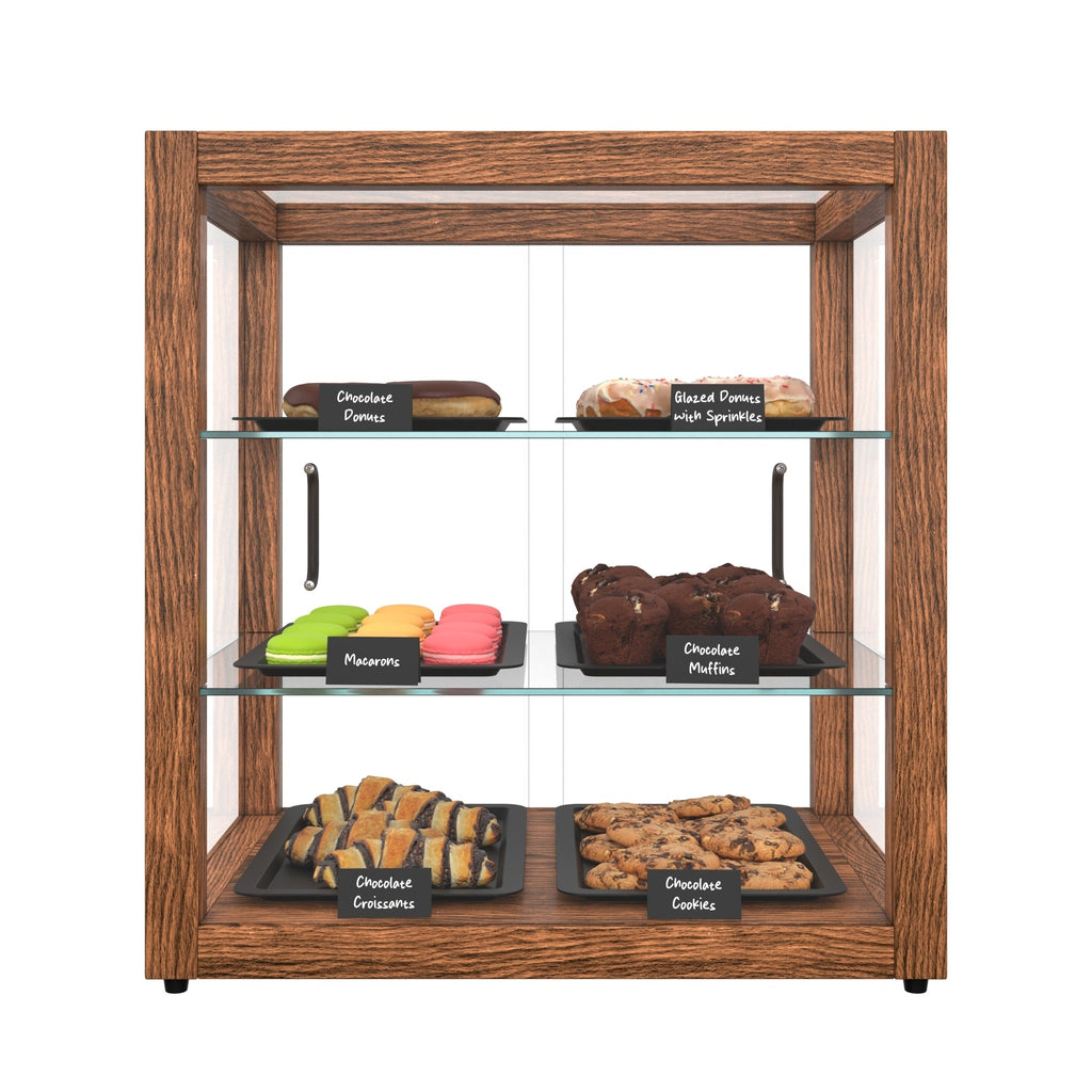 20 In. 3-Tier Artisan Dark Wooden & Tempered Glass Dry Bakery Display Case