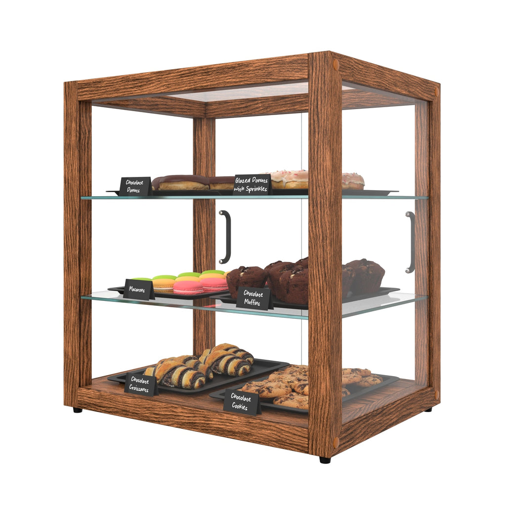 20 In. 3-Tier Artisan Dark Wooden & Tempered Glass Dry Bakery Display Case