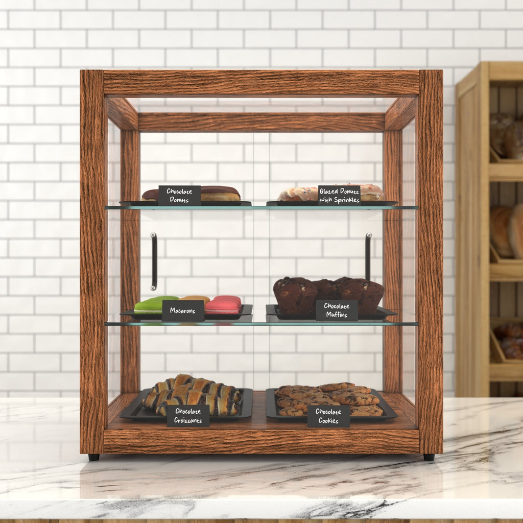 20 In. 3-Tier Artisan Dark Wooden & Tempered Glass Dry Bakery Display Case