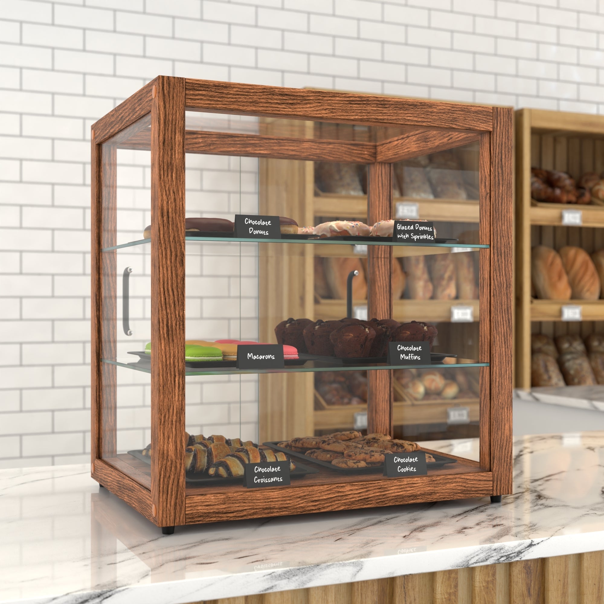 20 In. 3-Tier Artisan Dark Wooden & Tempered Glass Dry Bakery Display Case