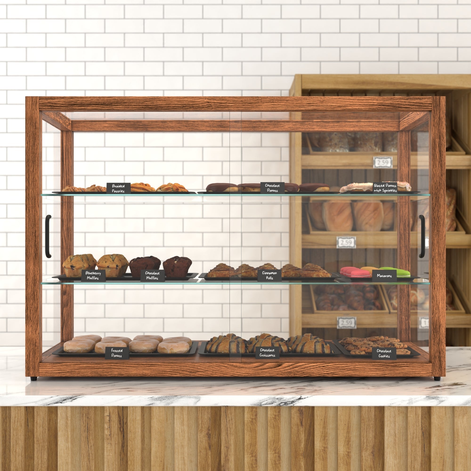 42 In. Artisan Horizontal Dark Wooden & Tempered Glass Dry Bakery Display Case