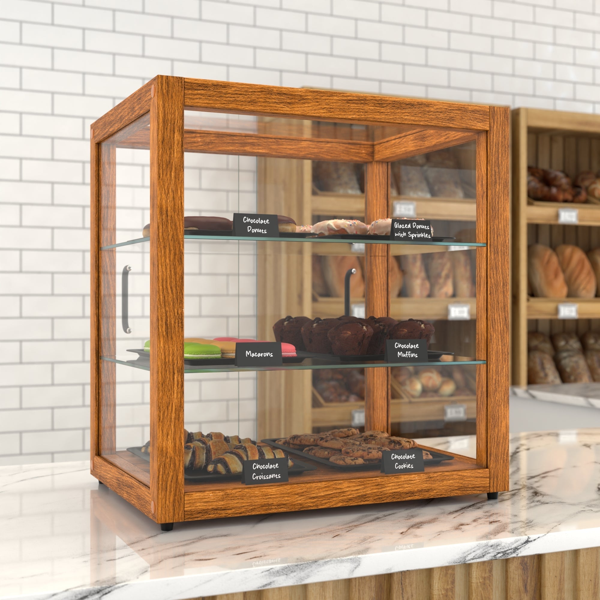 20 In. 3-Tier Artisan Light Wooden & Tempered Glass Dry Bakery Display Case