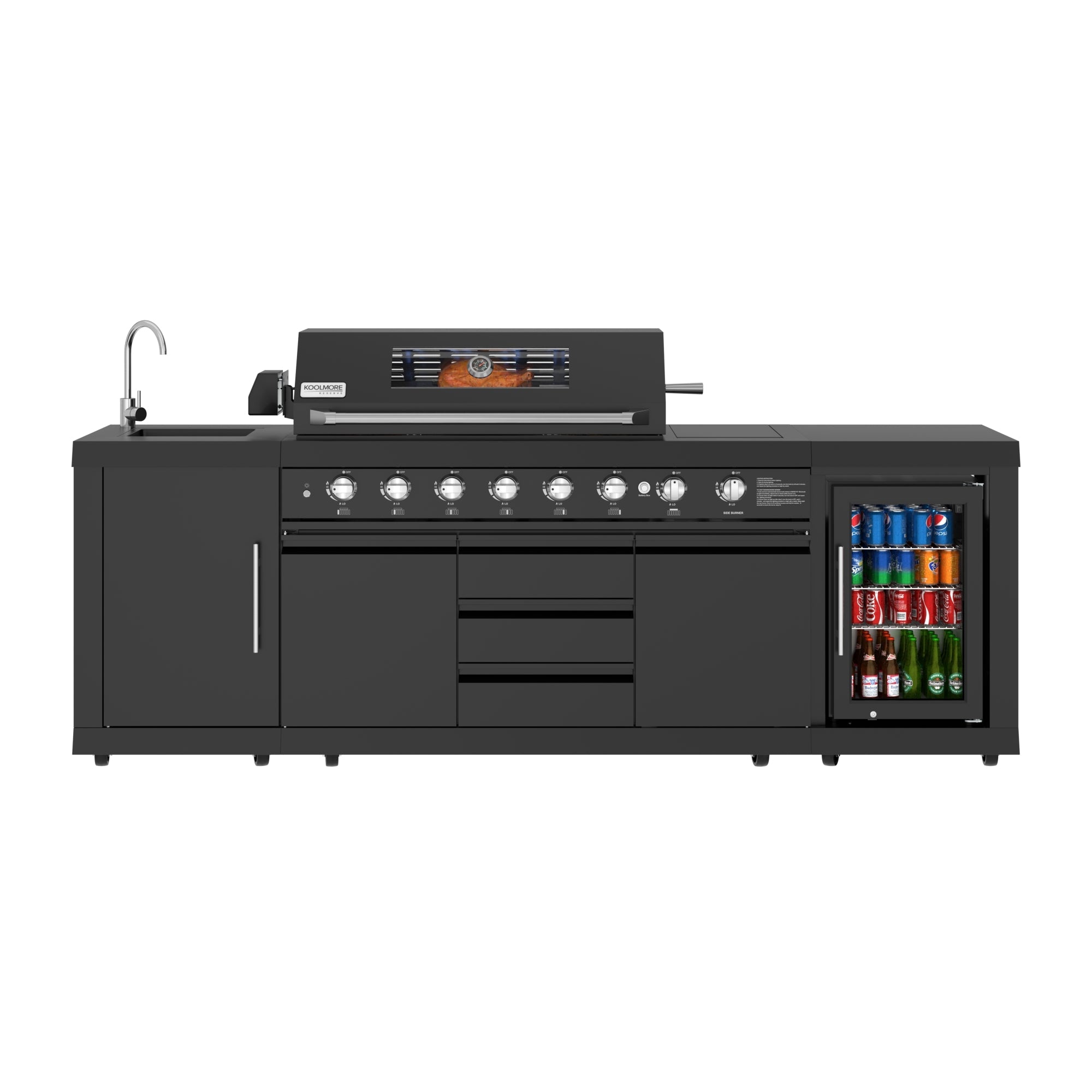 KoolMore Reserve Outdoor Kitchen Island with 6 Burner Grill, Sink, Storage Cabinet and Beverage Refrigerator in Black