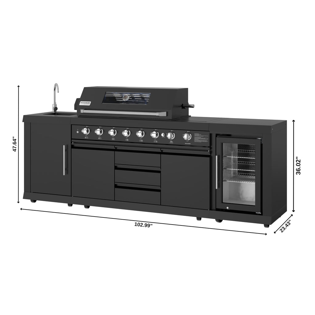 KoolMore Reserve Outdoor Kitchen Island with 6 Burner Grill, Sink, Storage Cabinet and Beverage Refrigerator in Black