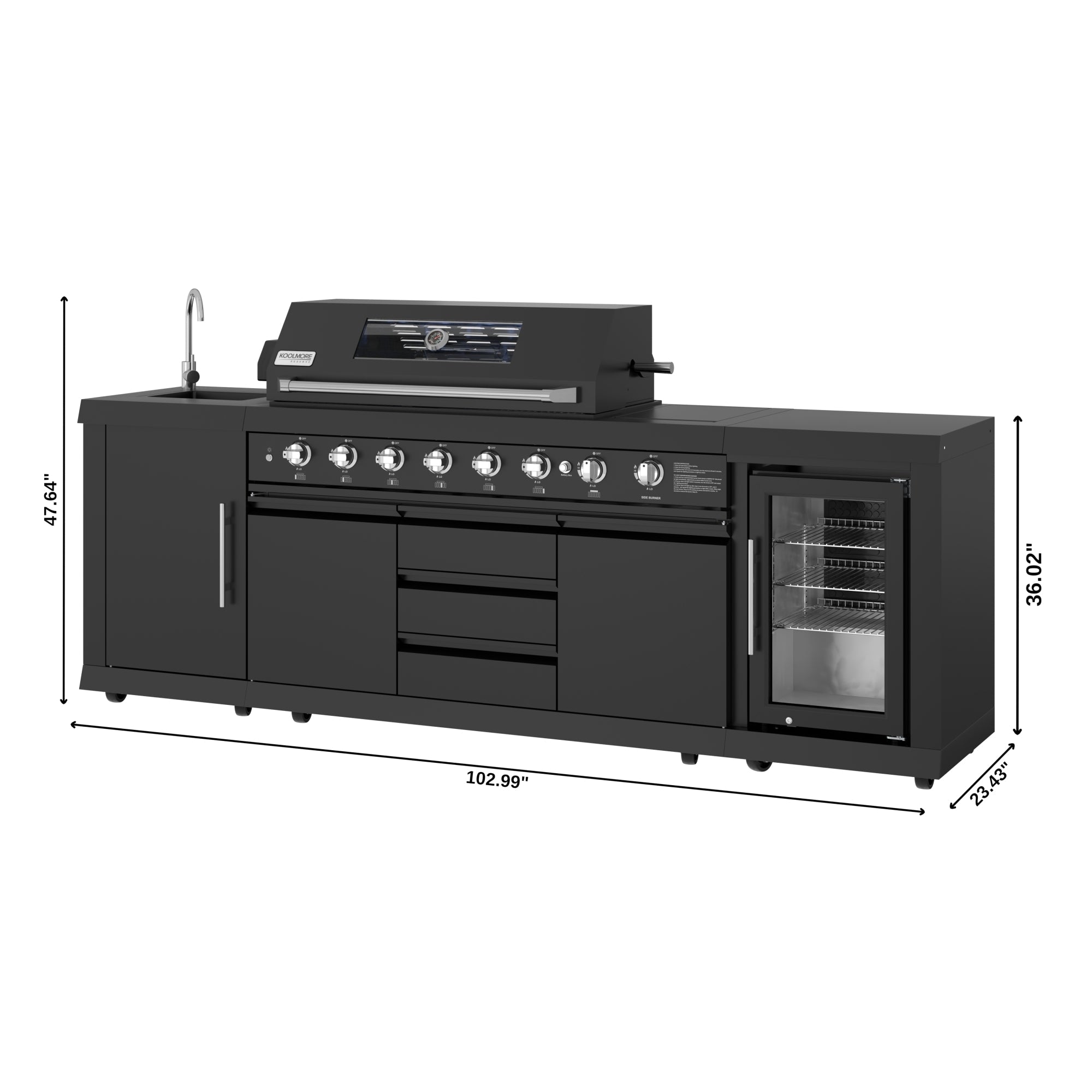 KoolMore Reserve Outdoor Kitchen Island with 6 Burner Grill, Sink, Storage Cabinet and Beverage Refrigerator in Black