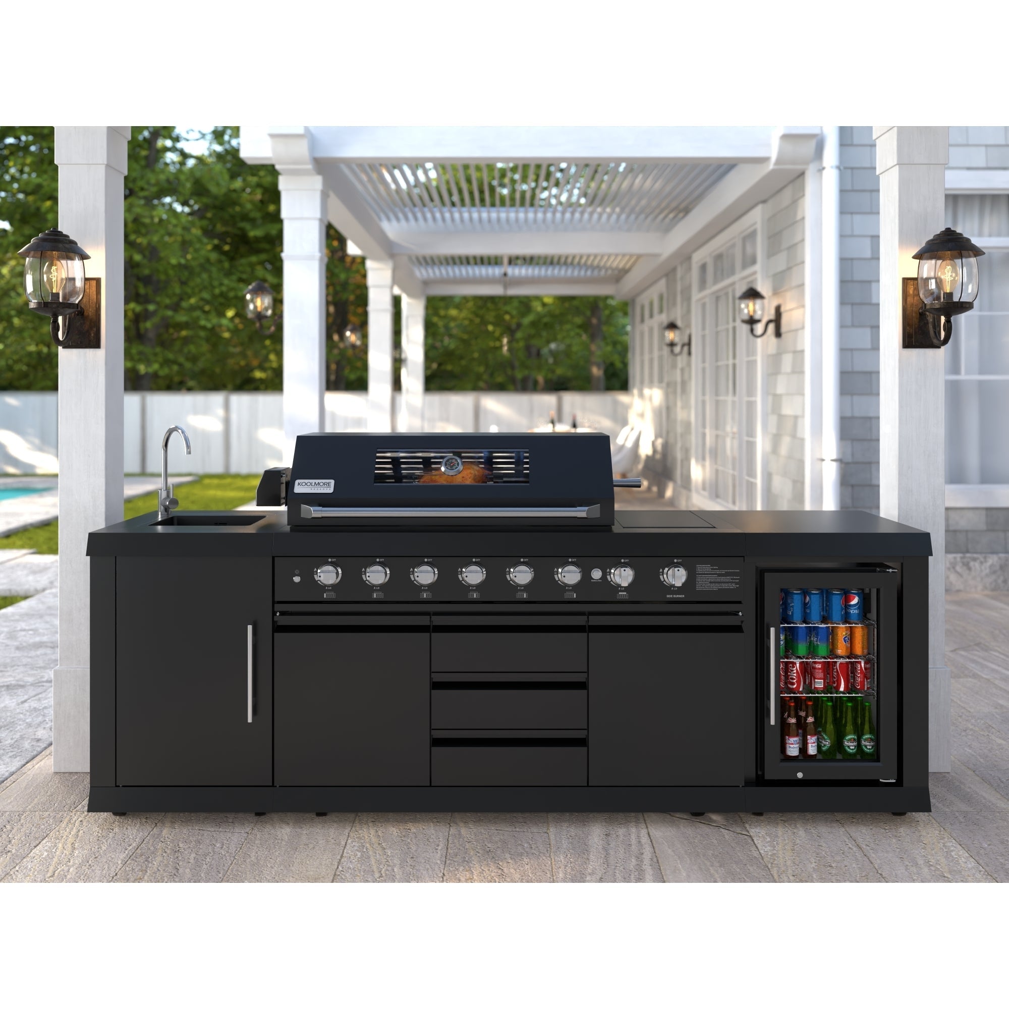 KoolMore Reserve Outdoor Kitchen Island with 6 Burner Grill, Sink, Storage Cabinet and Beverage Refrigerator in Black
