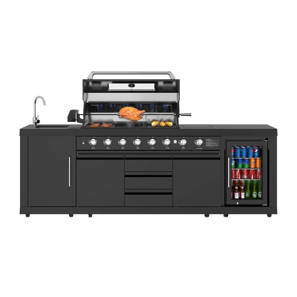 KoolMore Reserve Outdoor Kitchen Island with 6 Burner Grill, Sink, Storage Cabinet and Beverage Refrigerator in Black