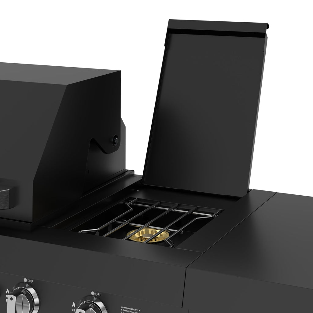 KoolMore Reserve Outdoor Kitchen Island with 6 Burner Grill, Sink, Storage Cabinet and Beverage Refrigerator in Black
