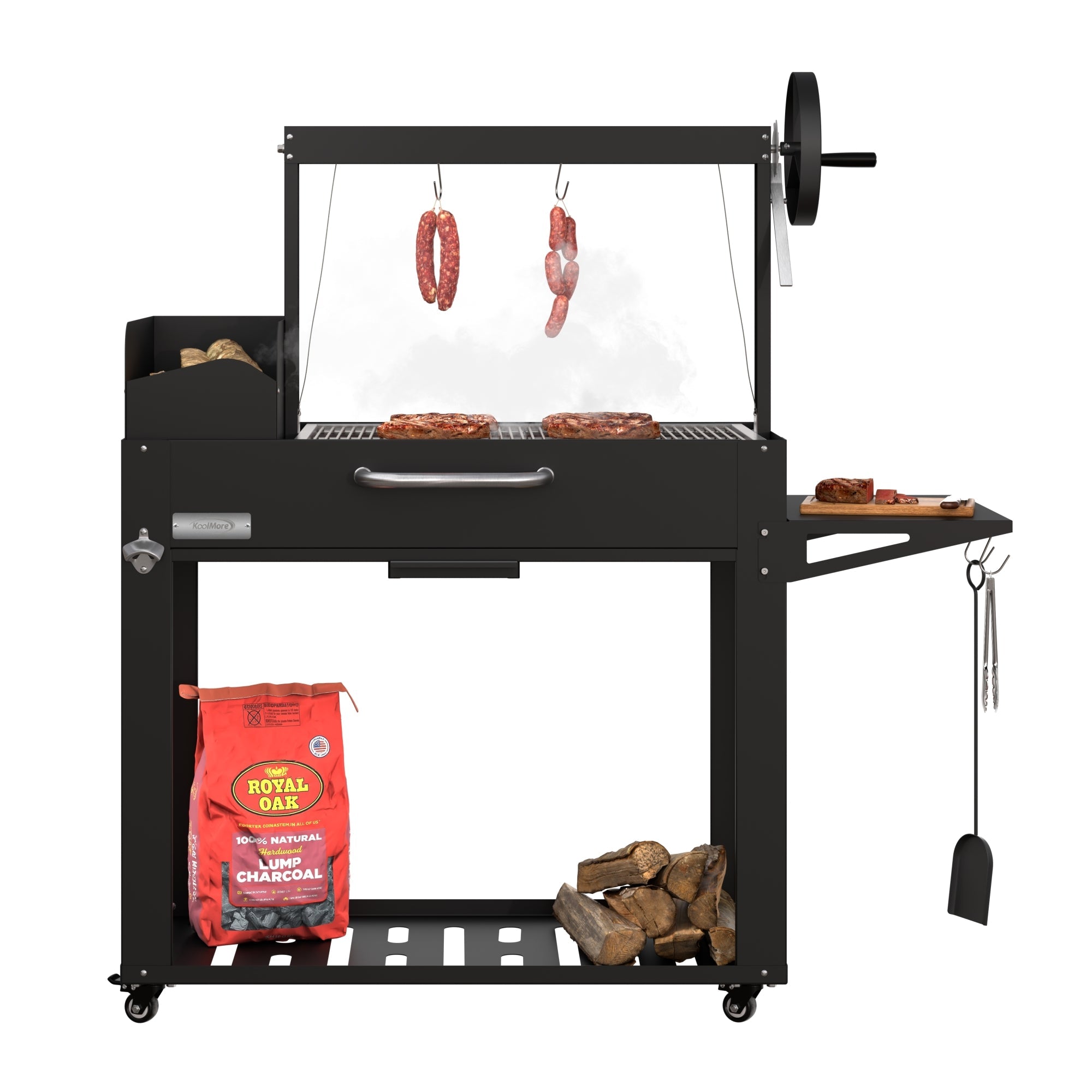 54 in. Argentine Charcoal Grill, Adjustable Grate Outdoor BBQ, in Black