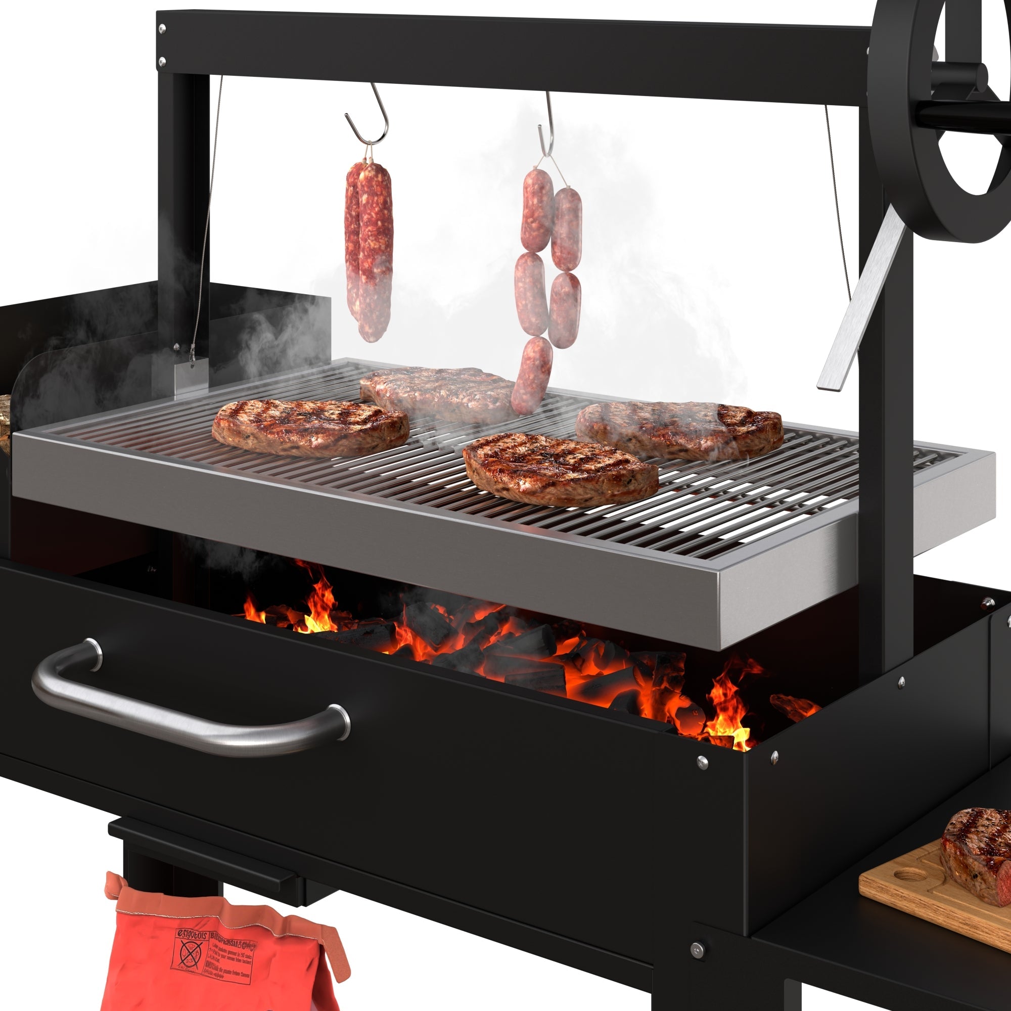 54 in. Argentine Charcoal Grill, Adjustable Grate Outdoor BBQ, in Black