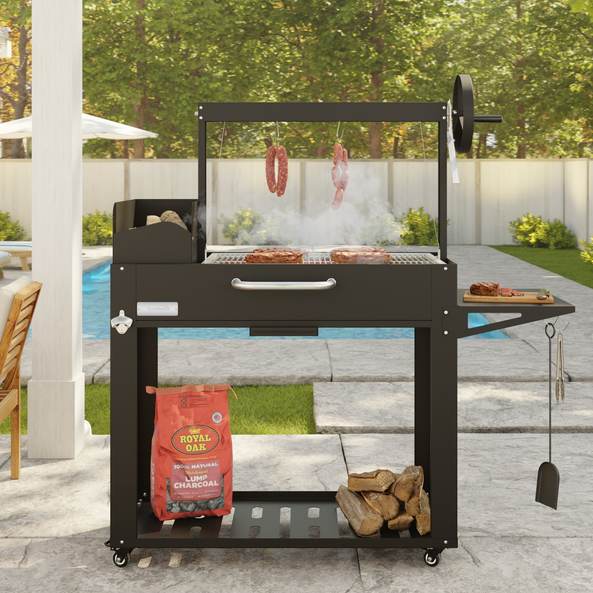 54 in. Argentine Charcoal Grill, Adjustable Grate Outdoor BBQ, in Black
