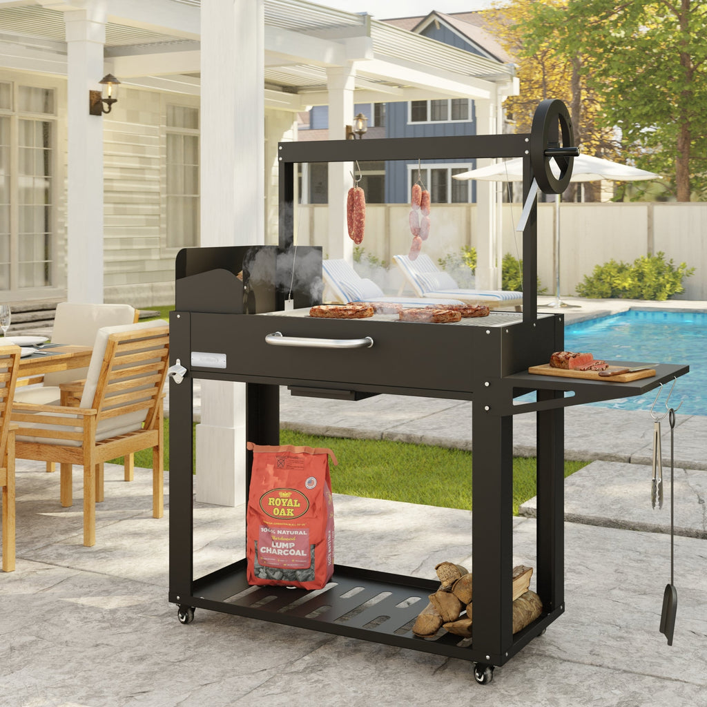 54 in. Argentine Charcoal Grill, Adjustable Grate Outdoor BBQ, in Black