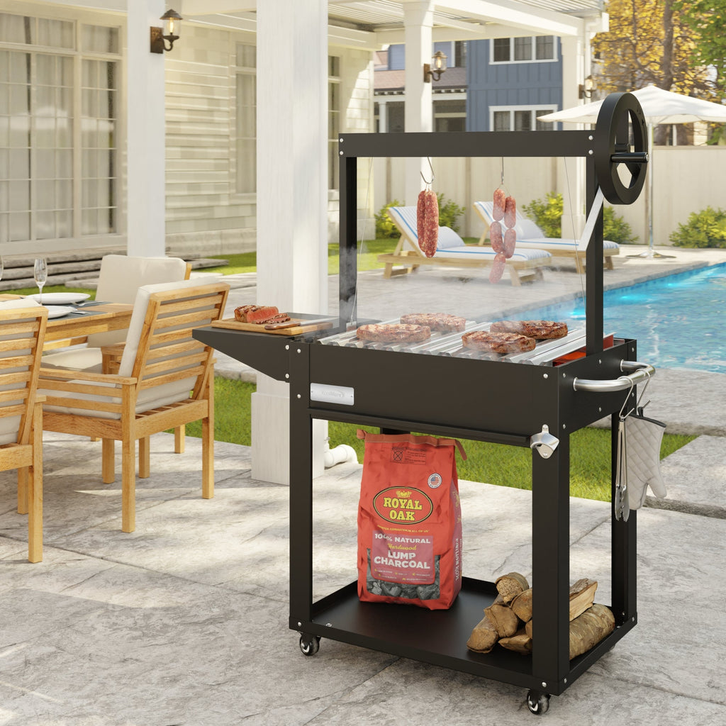 50 in. Argentine Charcoal Grill with Interchangeable V-Grates, Outdoor BBQ, in Black