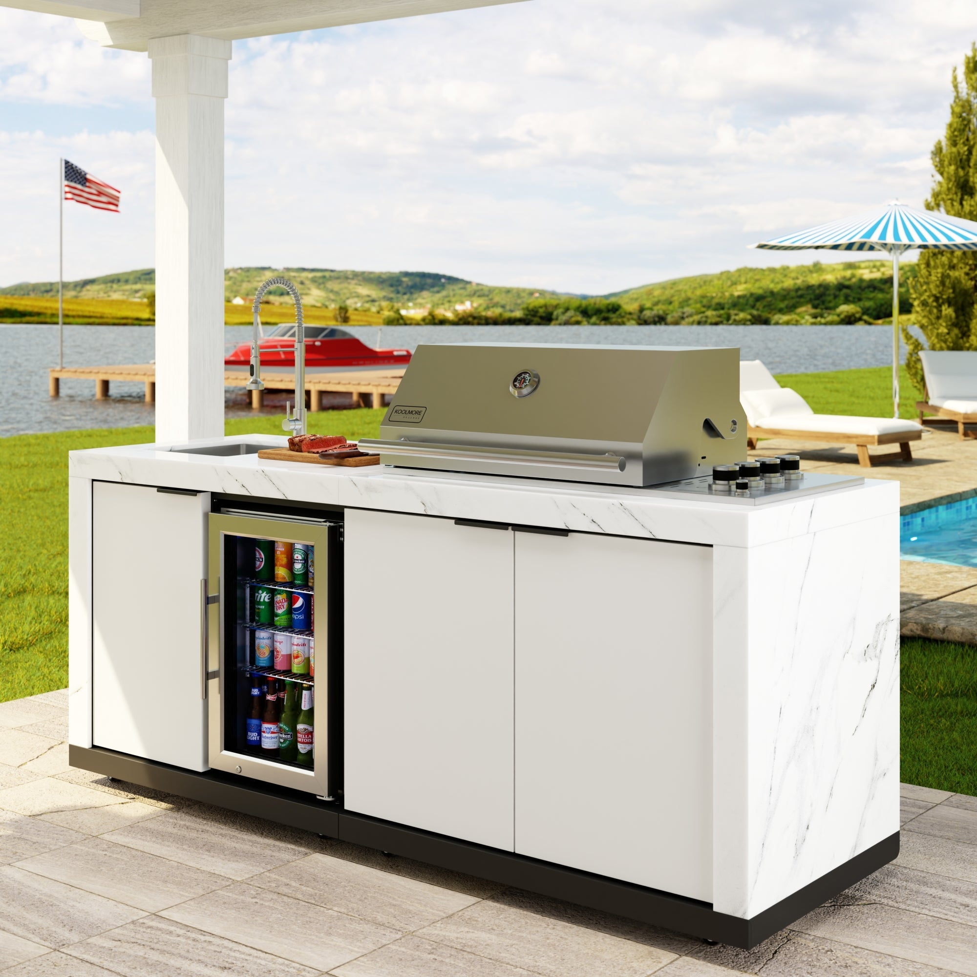 83 in. Outdoor Kitchen Suite with White Stone Counters and Sides, 4-Burner Grill, Stainless Steel Sink and Faucet